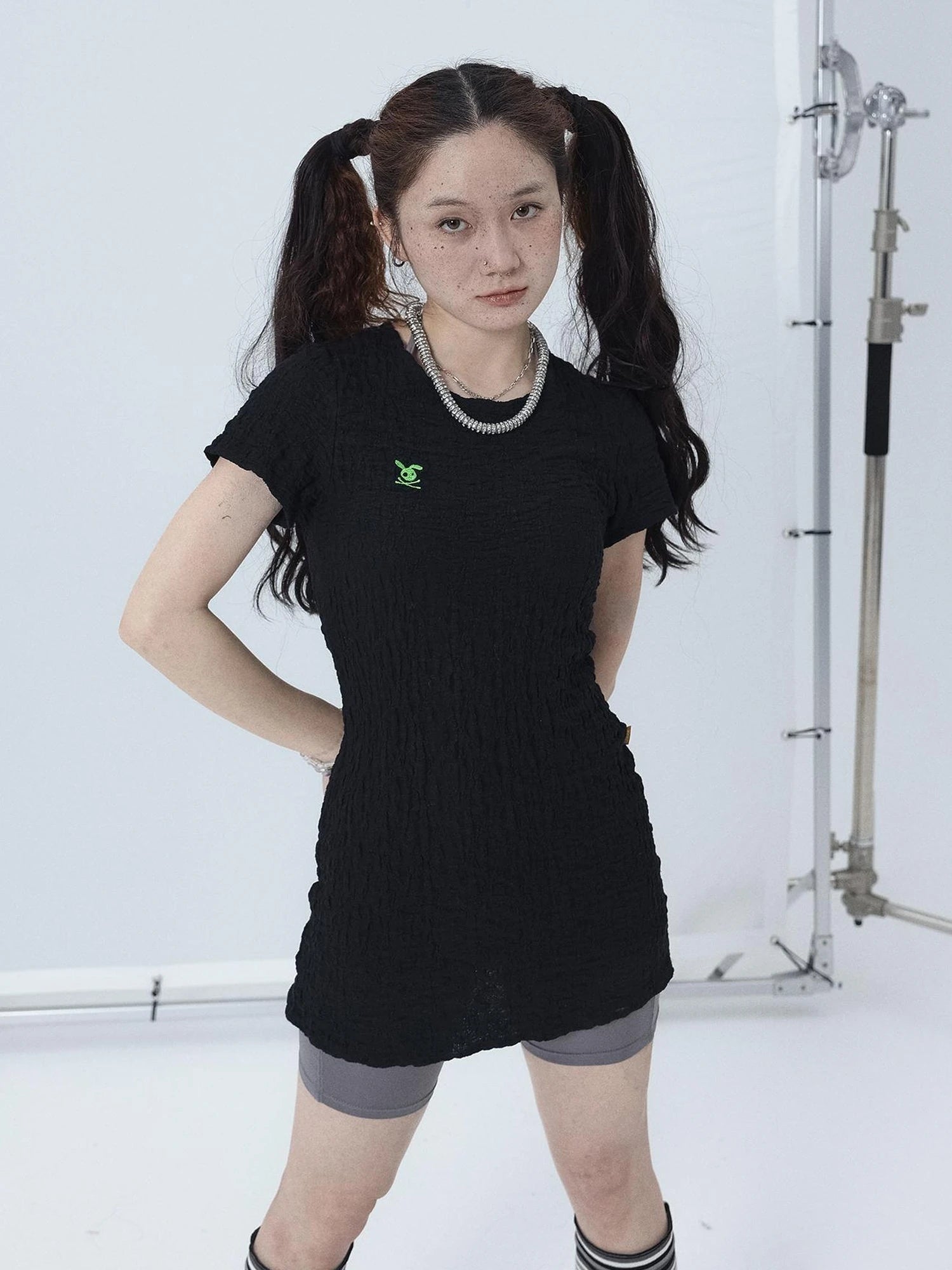 Summer Black Cropped Bubble Sleeve T-shirt Round Neck Top