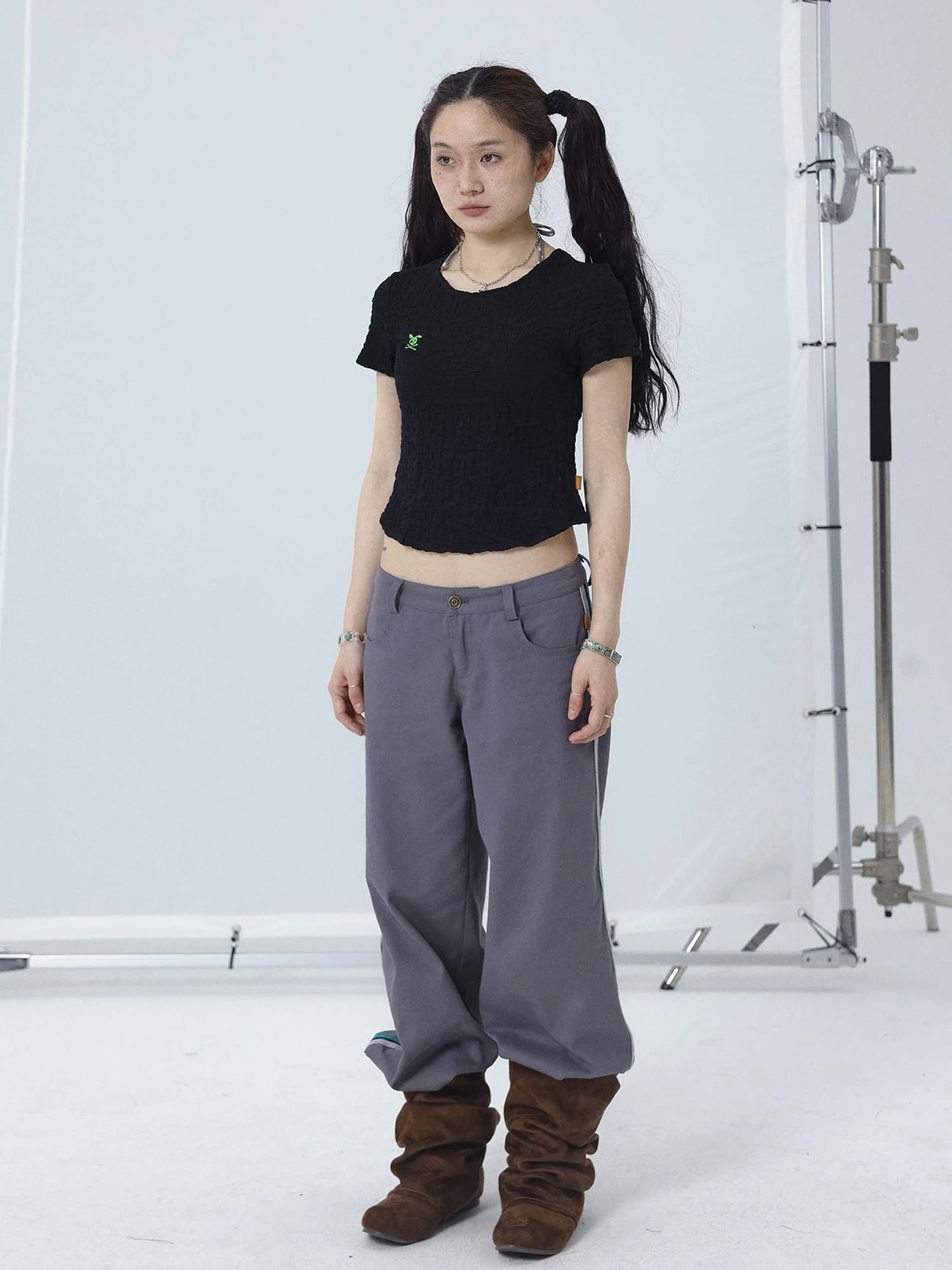 Summer Black Cropped Bubble Sleeve T-shirt Round Neck Top