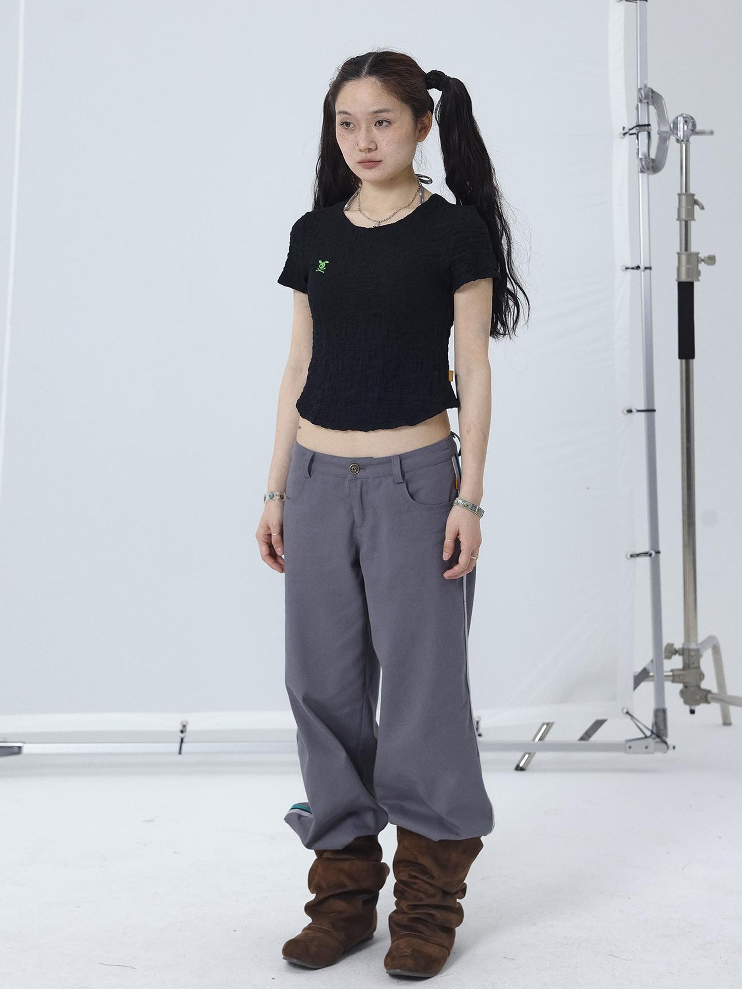 Achihara Summer Black Cropped Bubble Sleeve T-shirt Round Neck Top