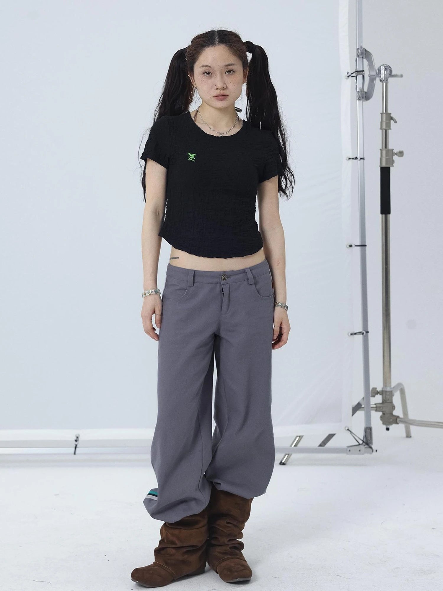 Summer Black Cropped Bubble Sleeve T-shirt Round Neck Top