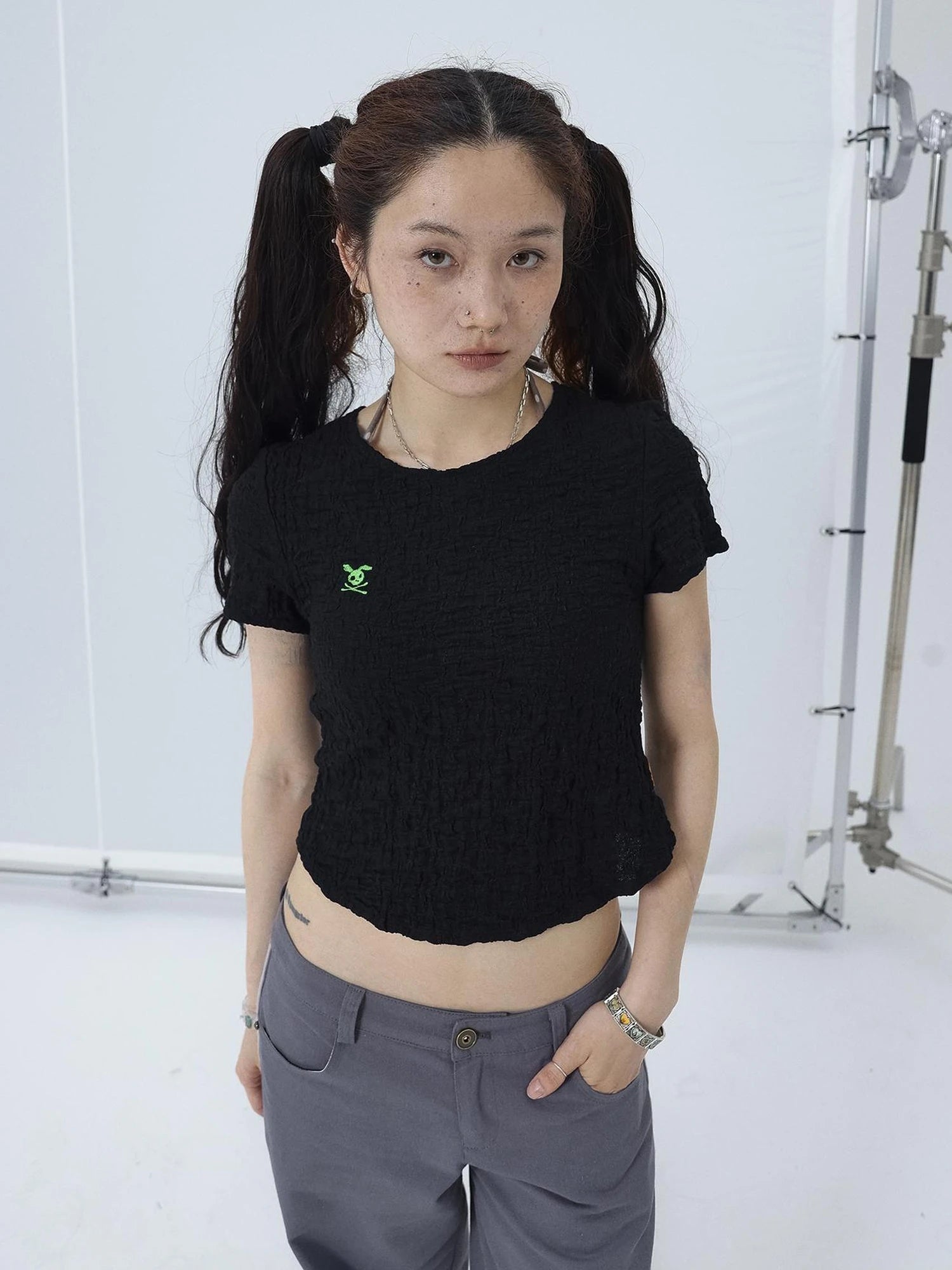 Summer Black Cropped Bubble Sleeve T-shirt Round Neck Top