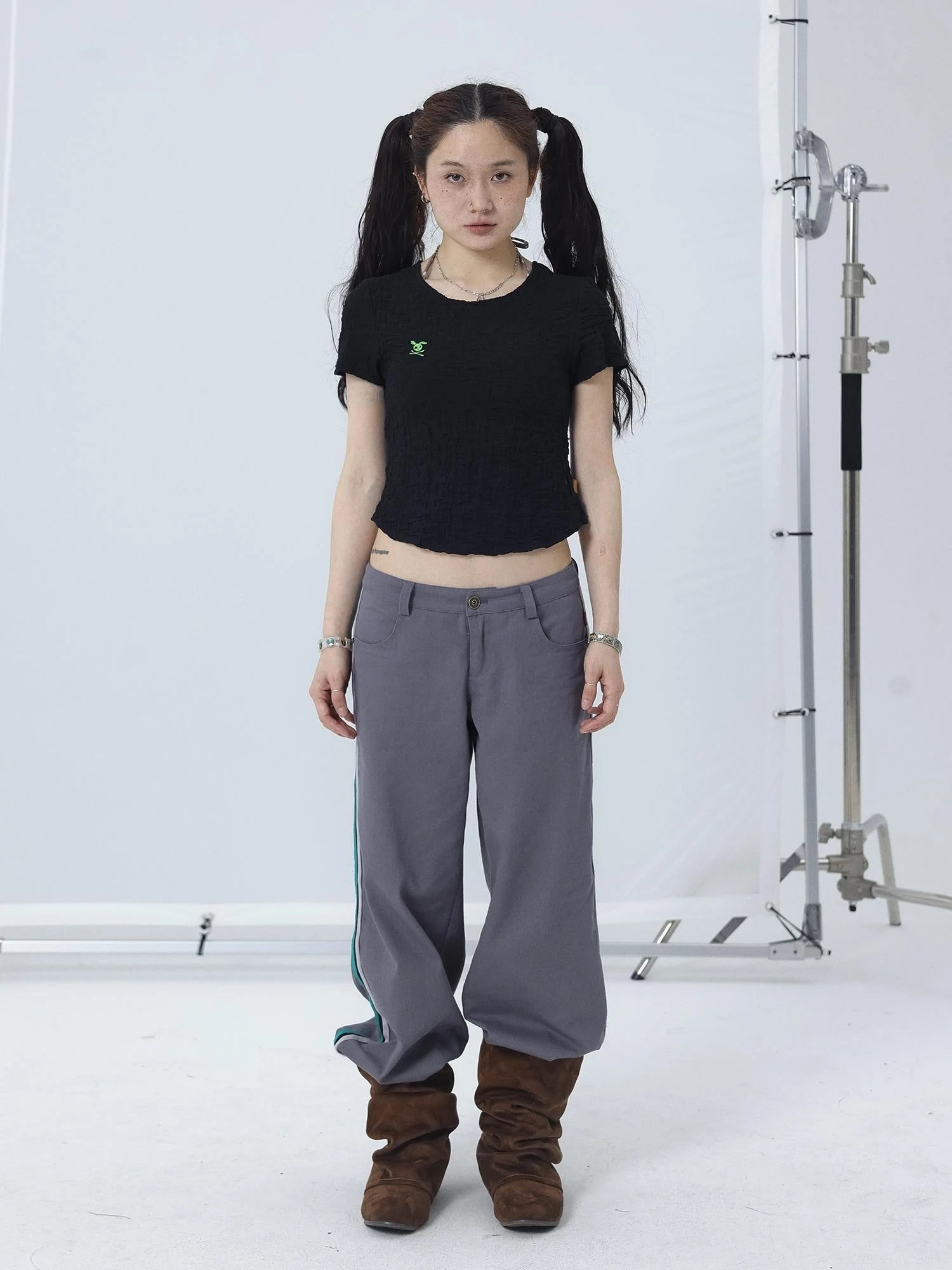 Summer Black Cropped Bubble Sleeve T-shirt Round Neck Top