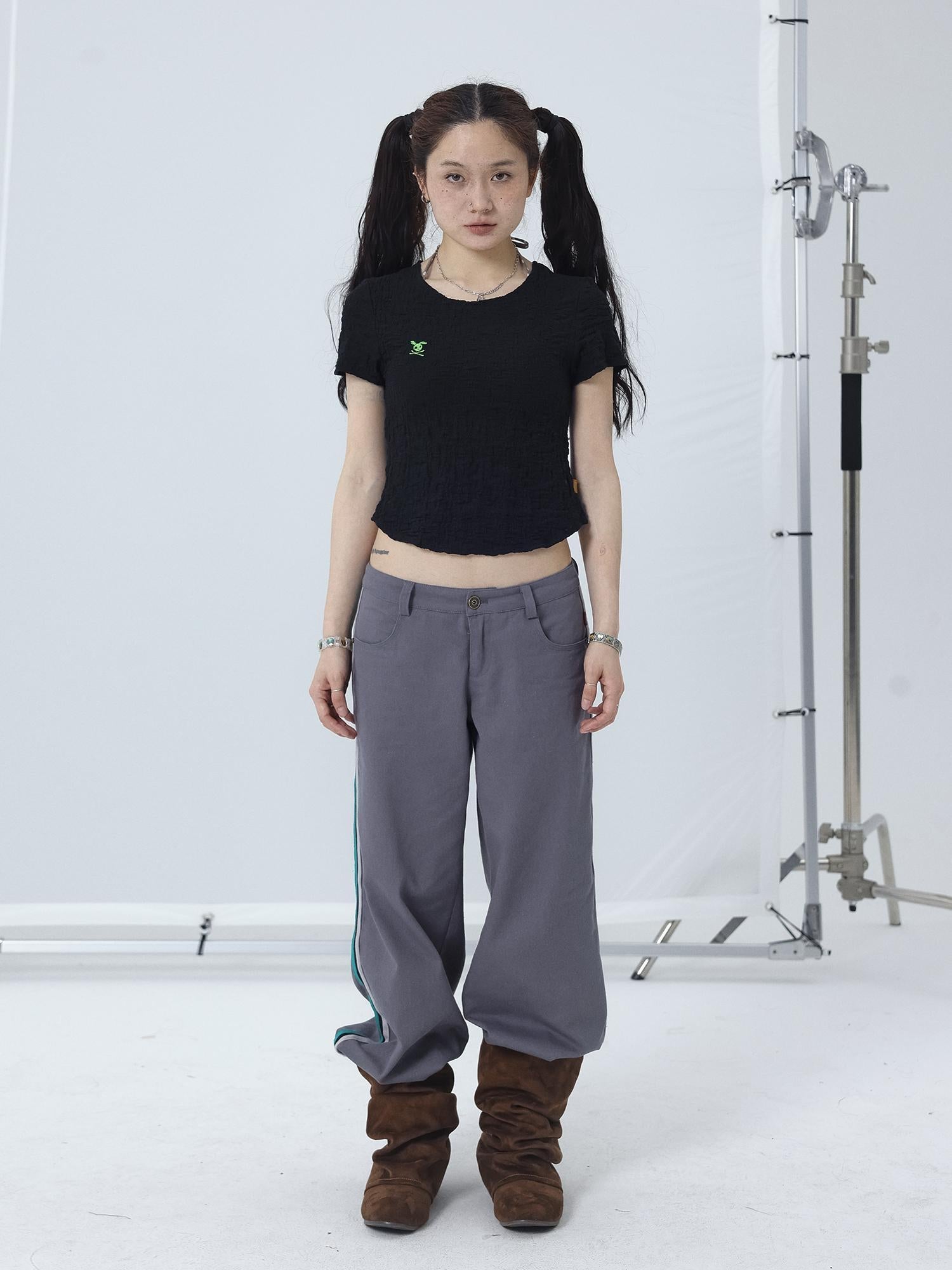 Achihara Summer Black Cropped Bubble Sleeve T-shirt Round Neck Top