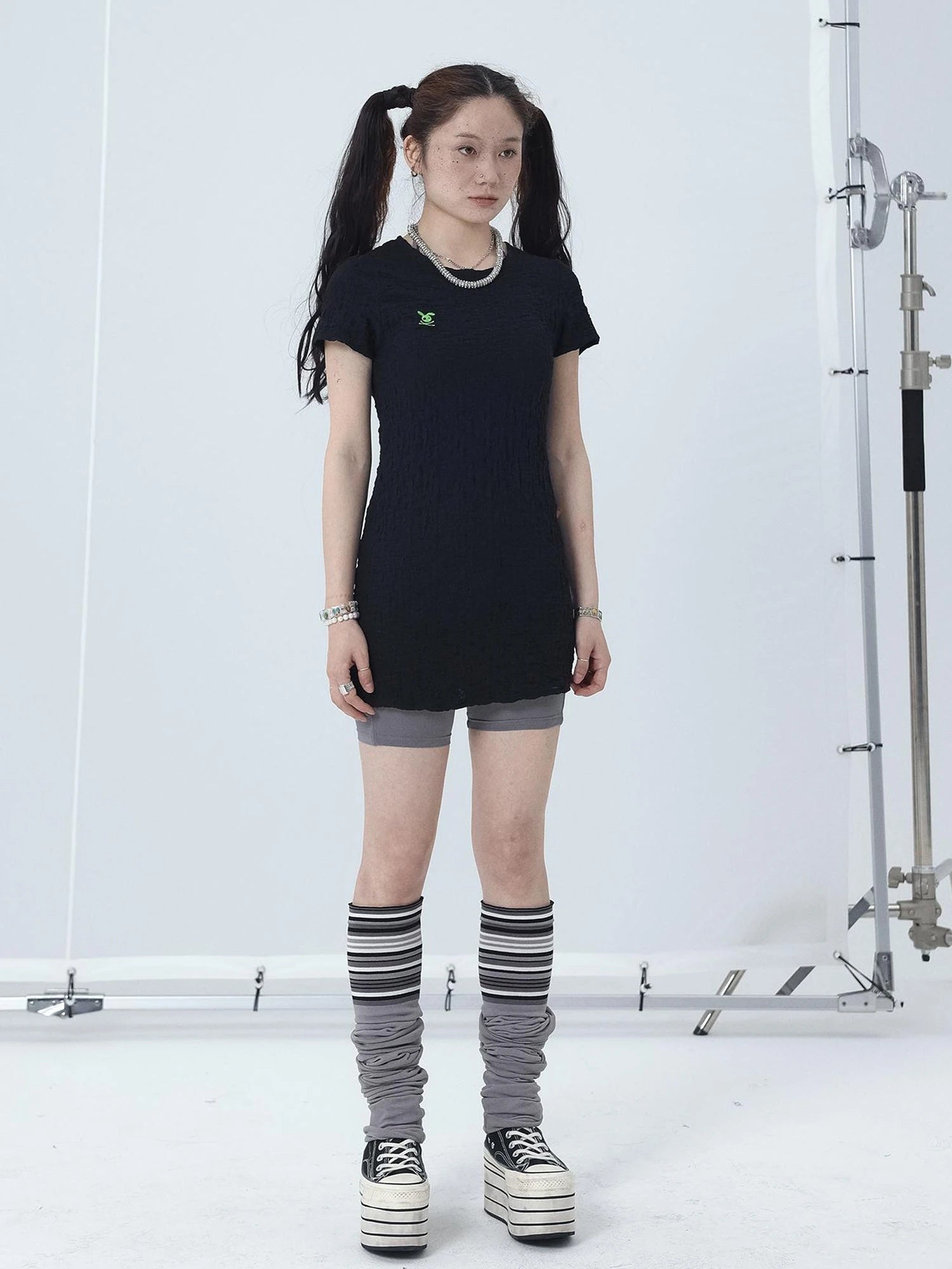 Summer Black Cropped Bubble Sleeve T-shirt Round Neck Top