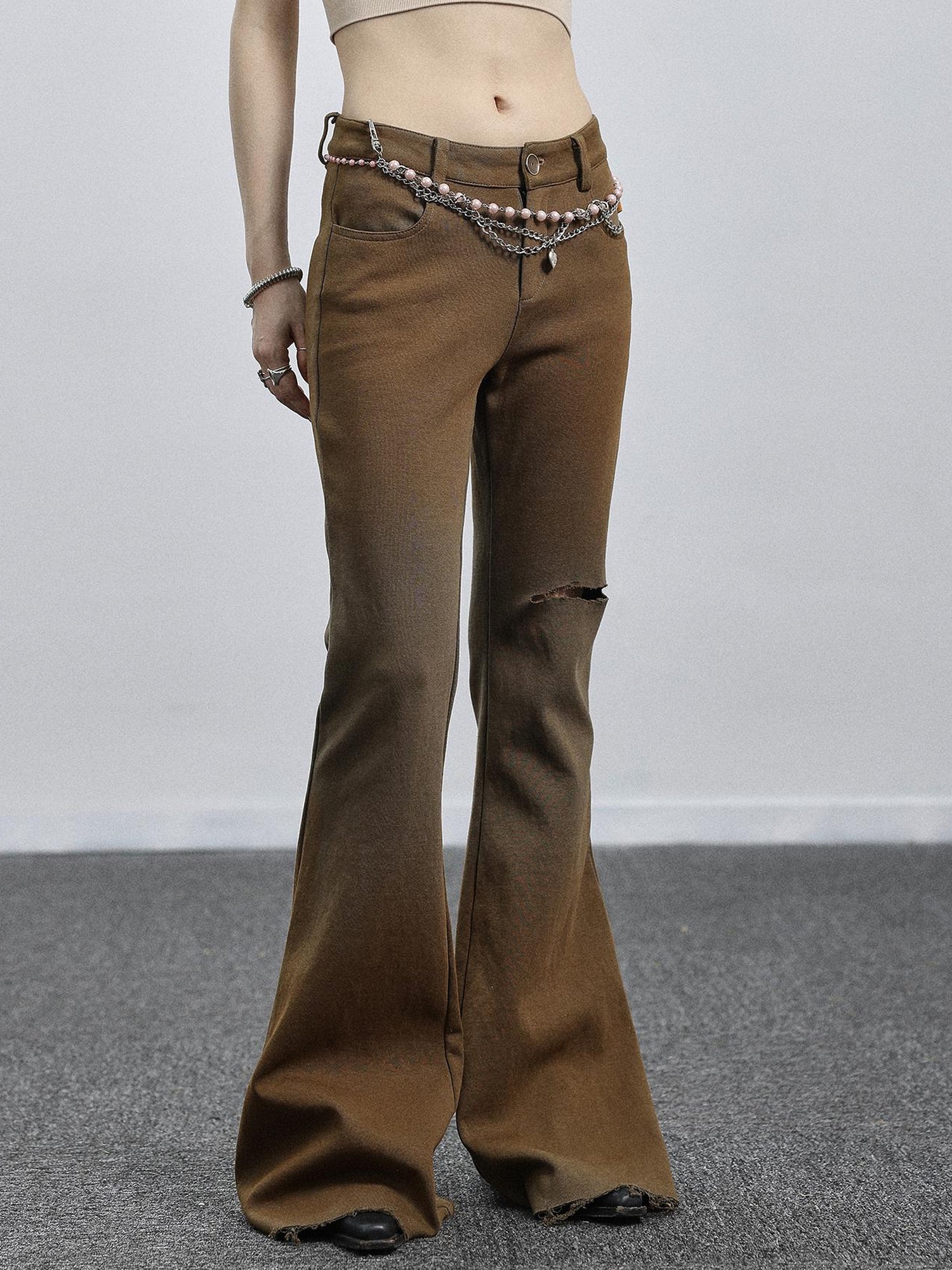 Achihara Summer Breeze Wide Leg Pants Yellow Green Distressed