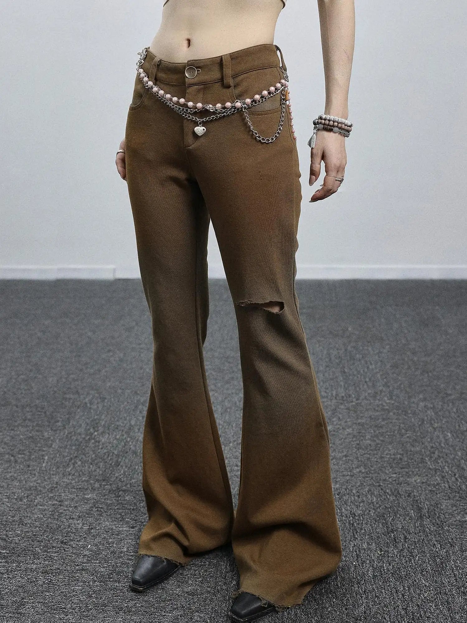 Summer Breeze Wide Leg Pants Yellow Green Distressed