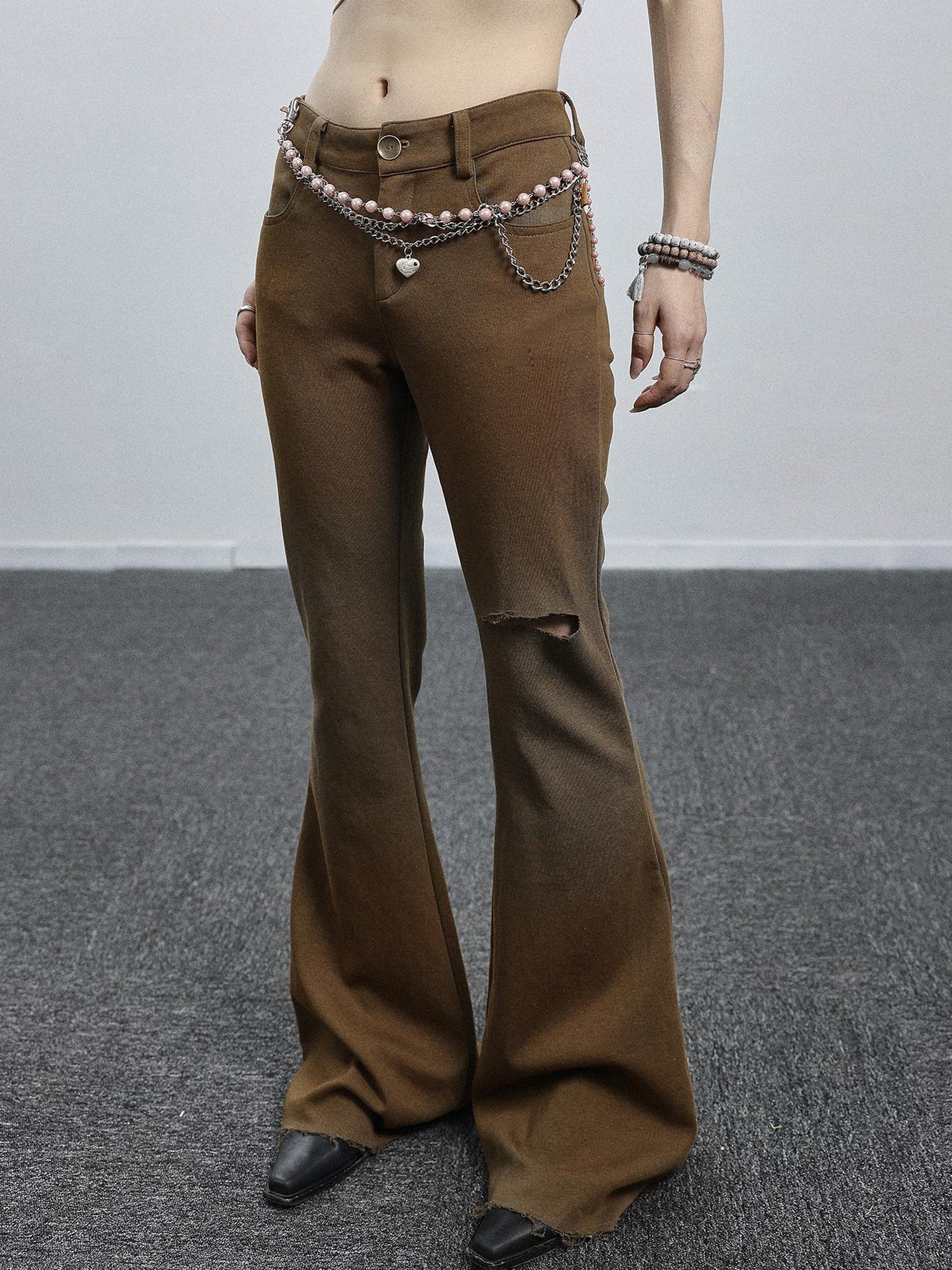 Achihara Summer Breeze Wide Leg Pants Yellow Green Distressed