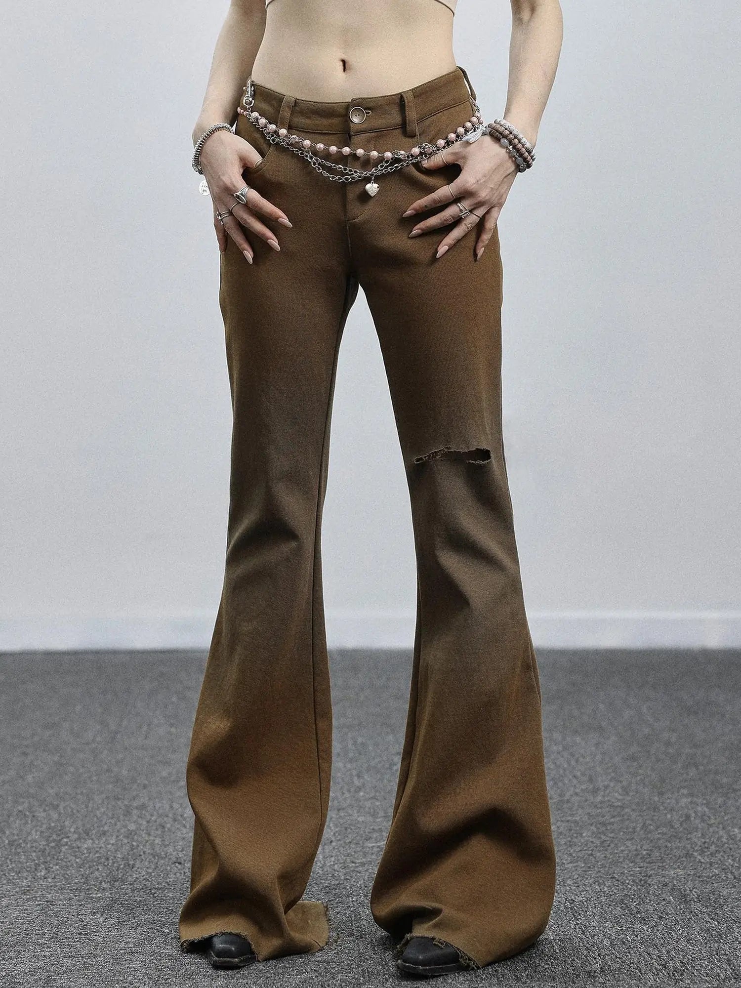 Summer Breeze Wide Leg Pants Yellow Green Distressed