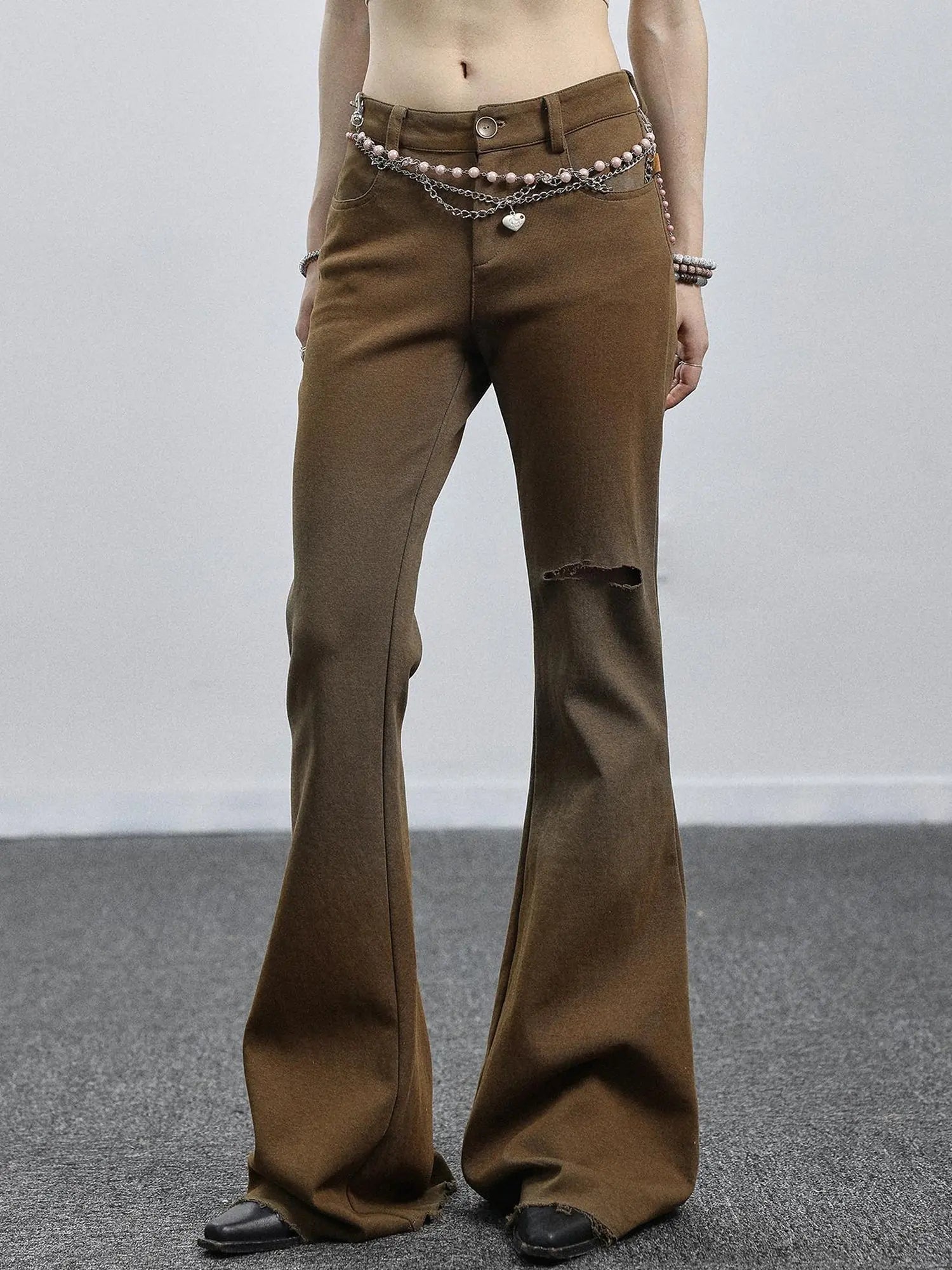 Summer Breeze Wide Leg Pants Yellow Green Distressed