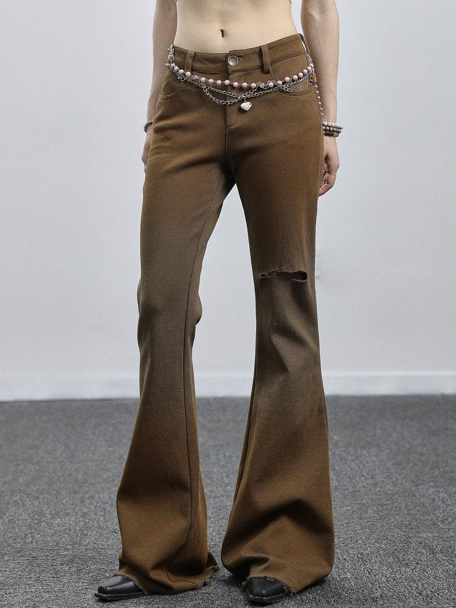 Achihara Summer Breeze Wide Leg Pants Yellow Green Distressed