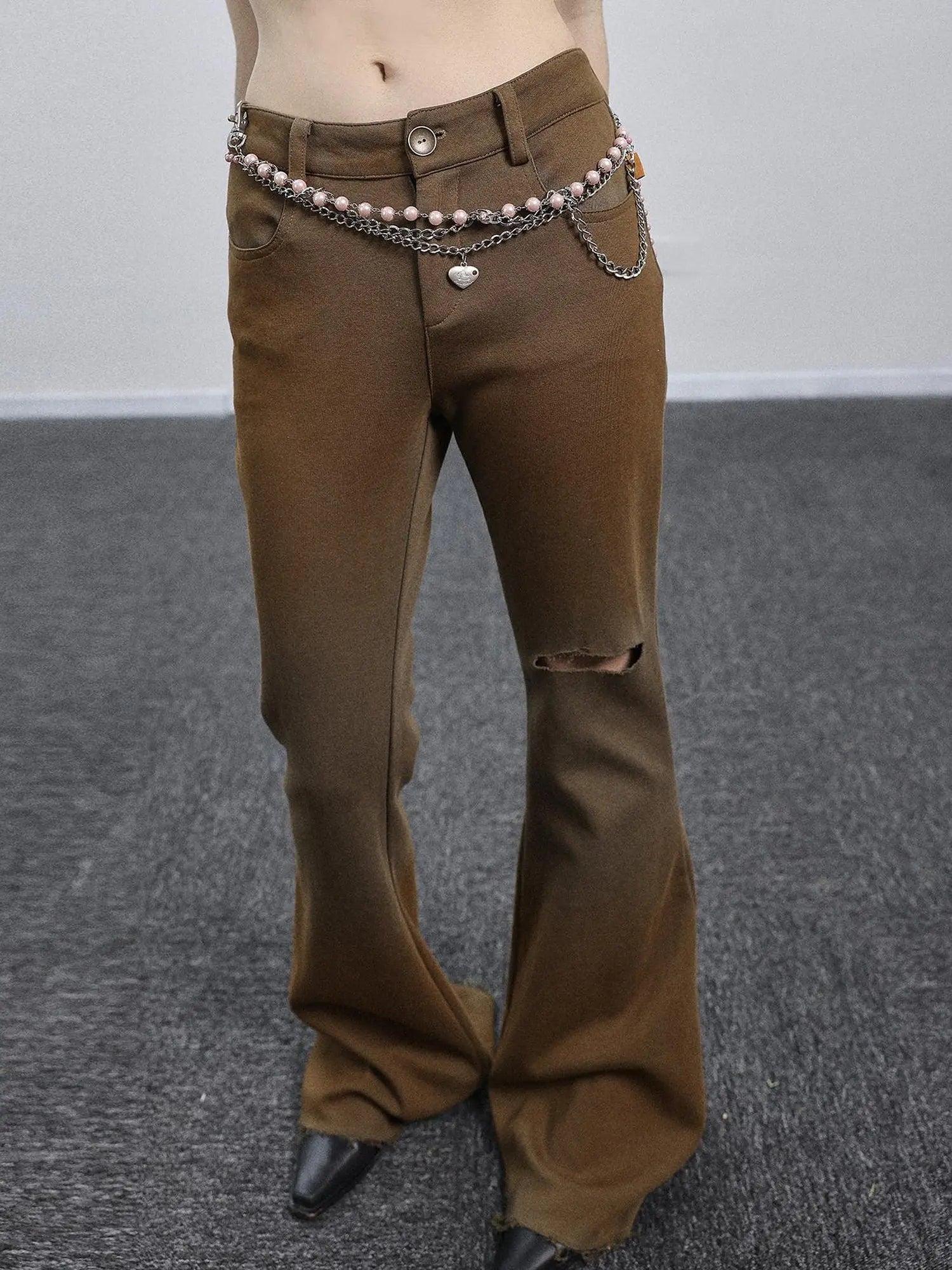 Summer Breeze Wide Leg Pants Yellow Green Distressed