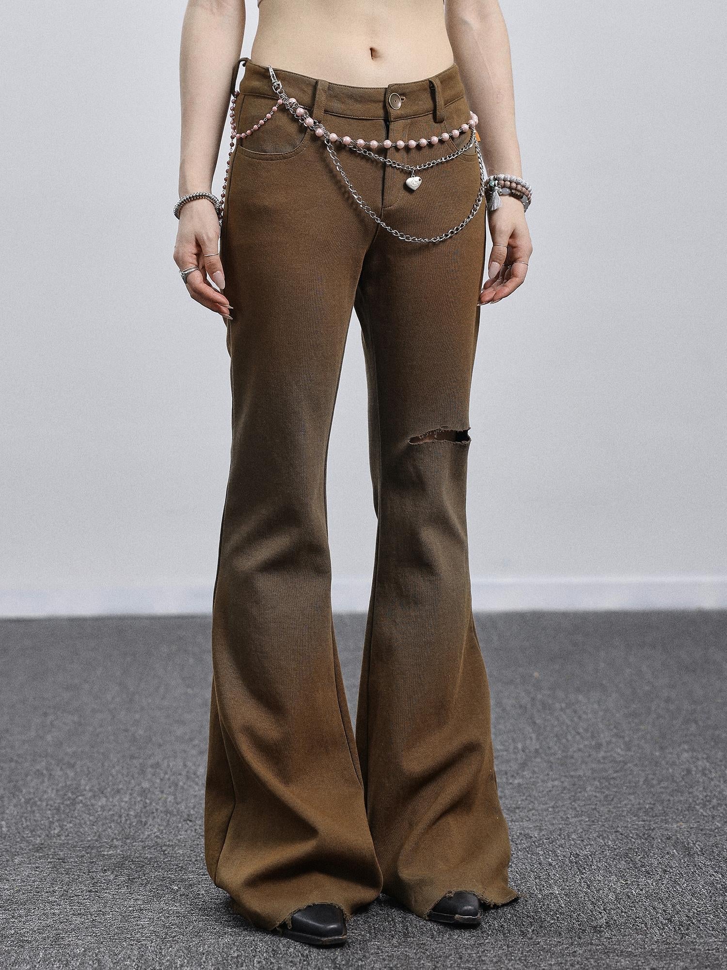 Achihara Summer Breeze Wide Leg Pants Yellow Green Distressed