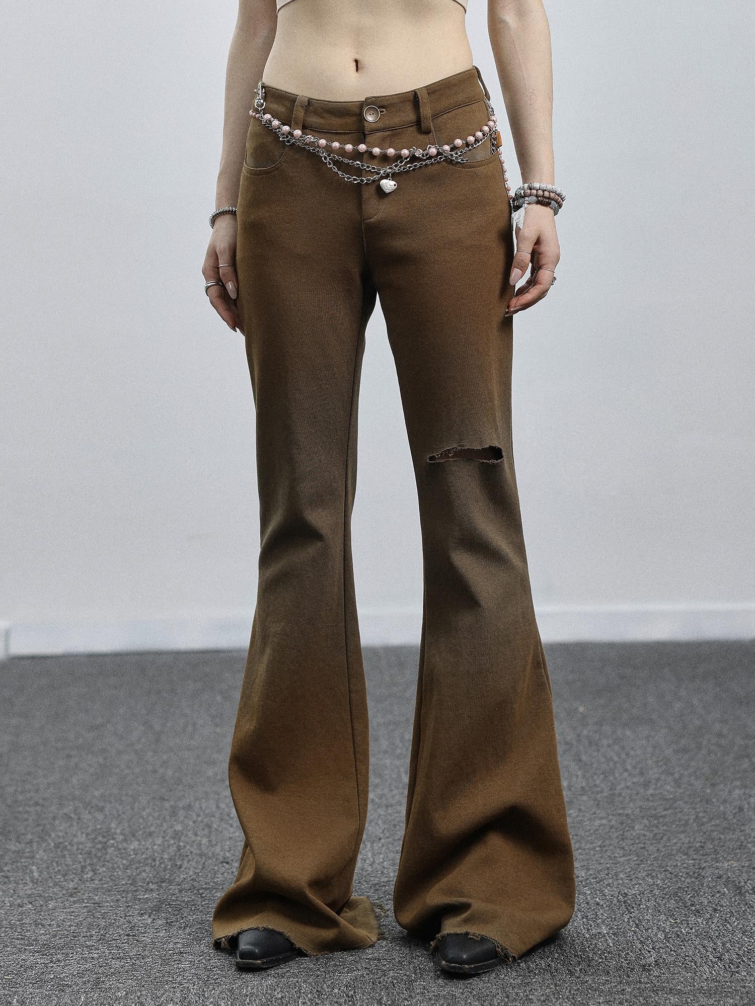 Achihara Summer Breeze Wide Leg Pants Yellow Green Distressed