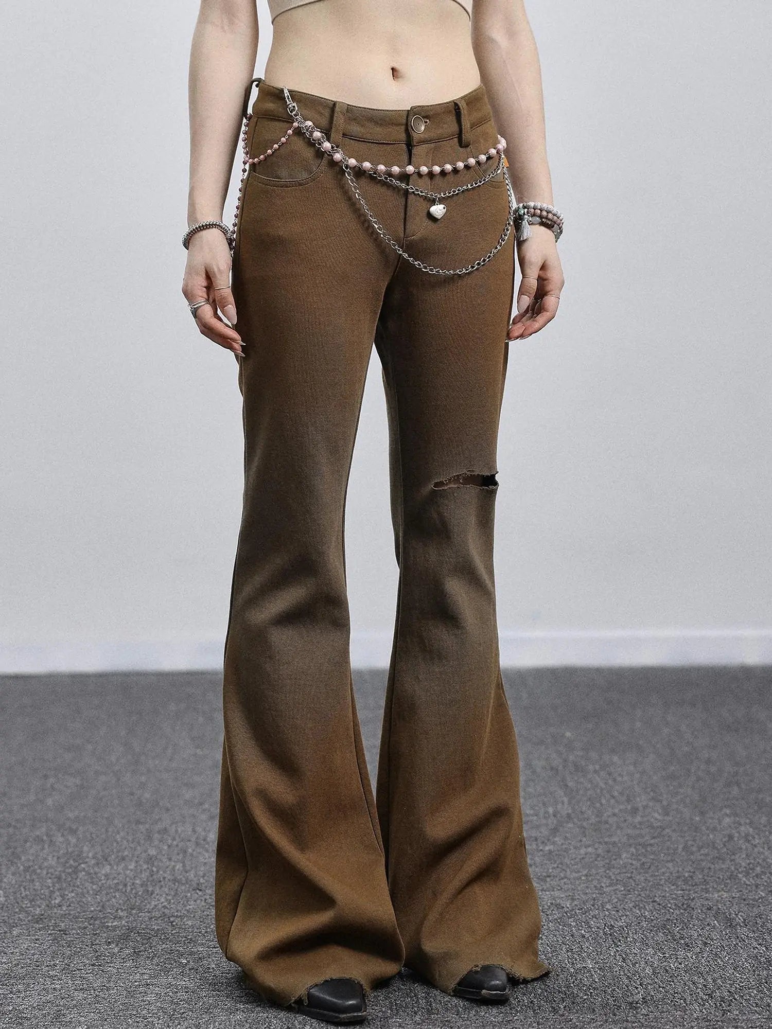 Summer Breeze Wide Leg Pants Yellow Green Distressed