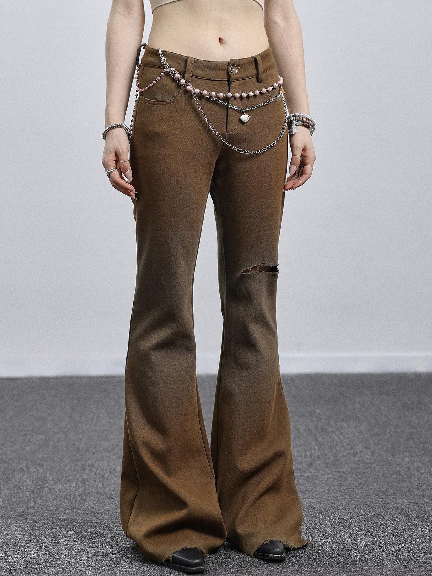 Achihara Summer Breeze Wide Leg Pants Yellow Green Distressed