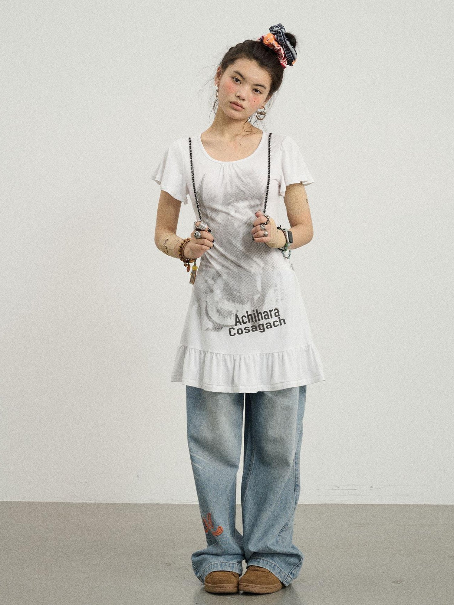 Achihara Summer Dream White Ruffle Hem T-shirt Dress