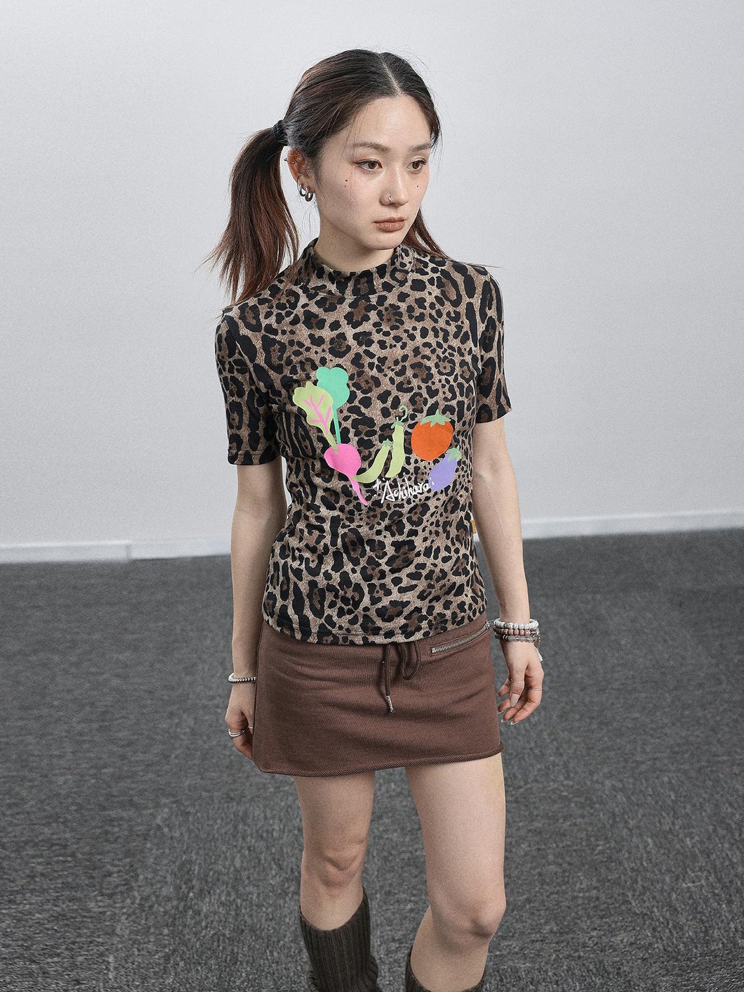 Achihara Summer Leopard Print Silk Blouse