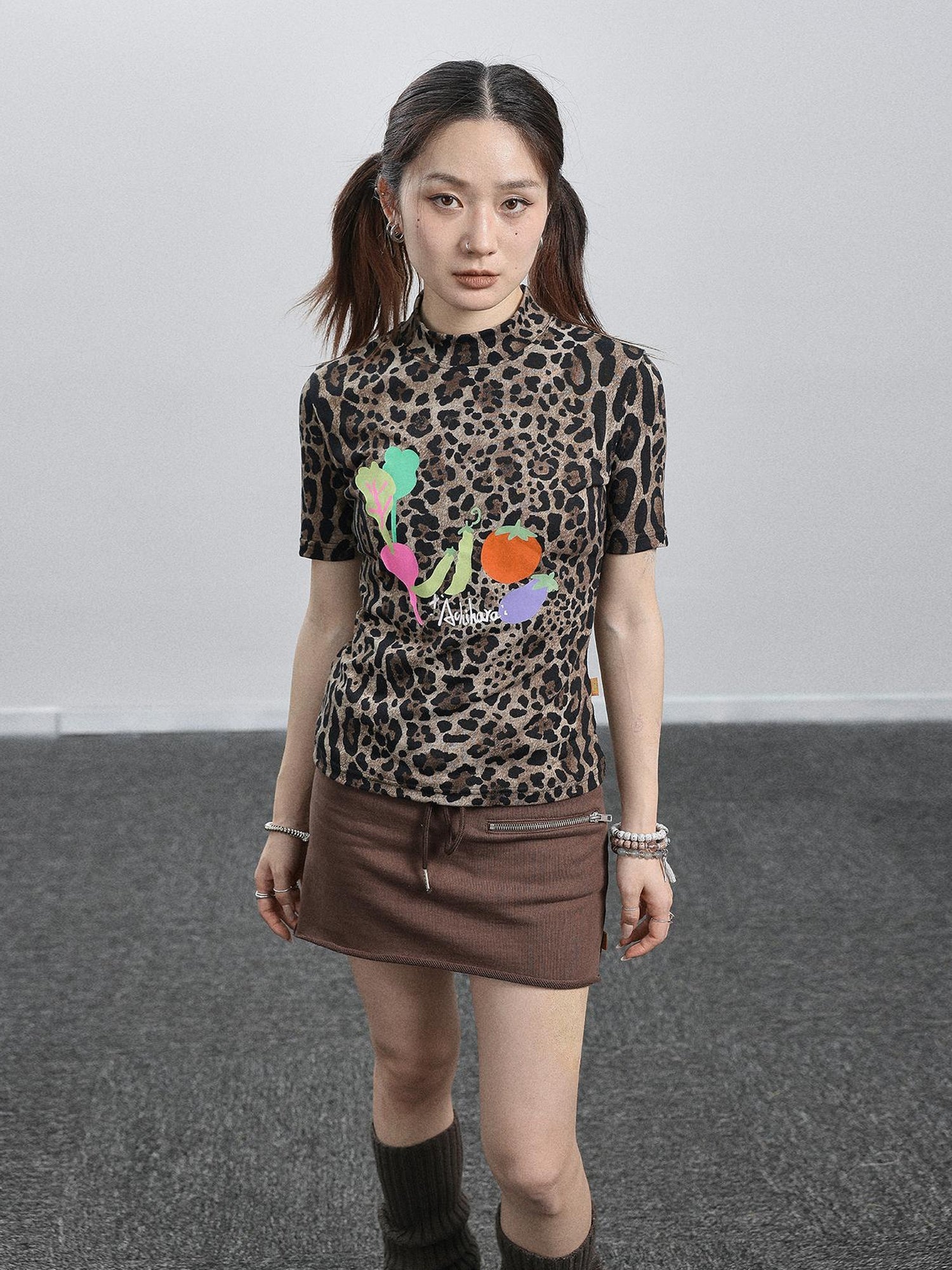 Achihara Summer Leopard Print Silk Blouse
