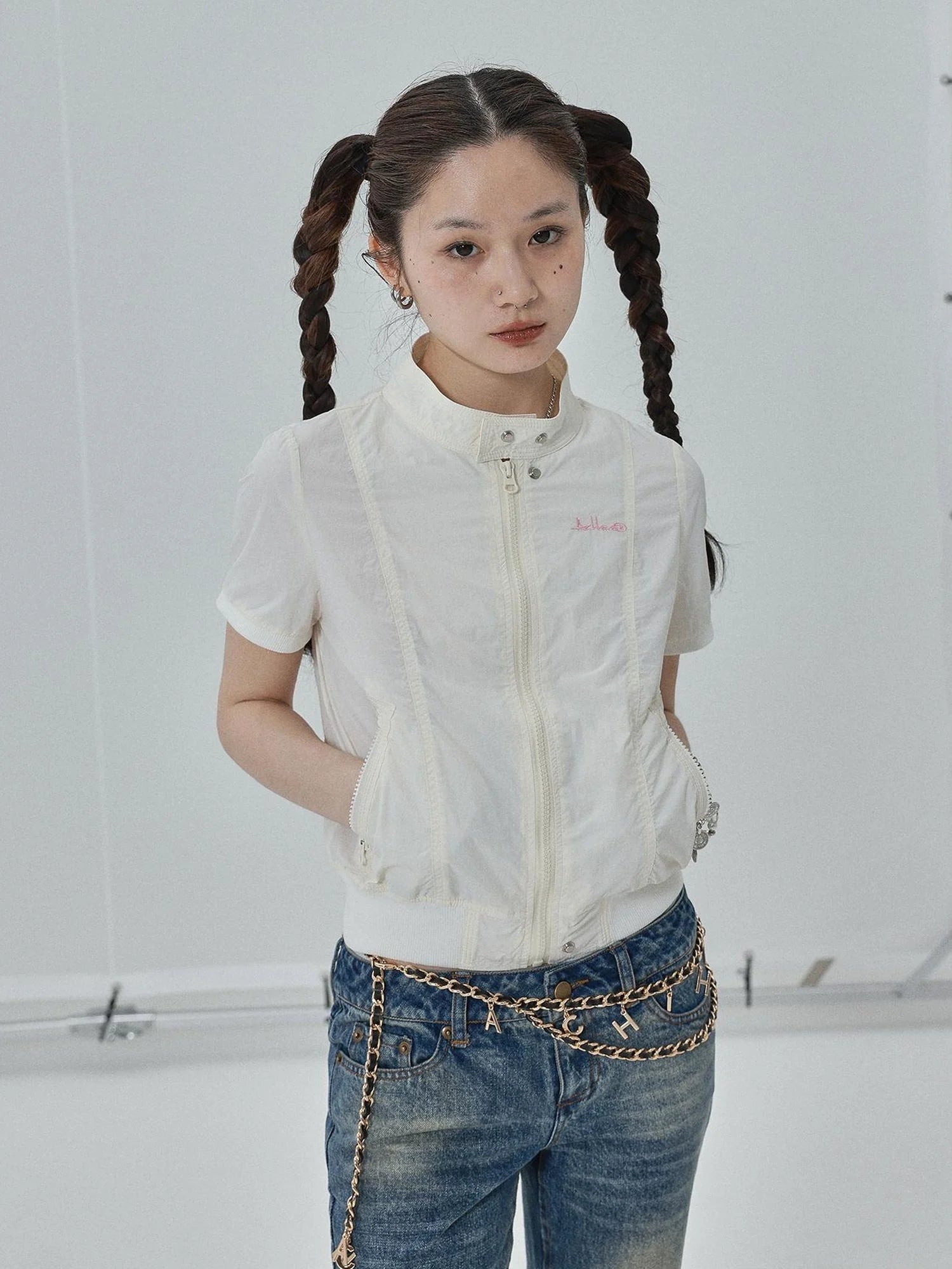 Summer Stand Collar Shirt Jacket In Black & White