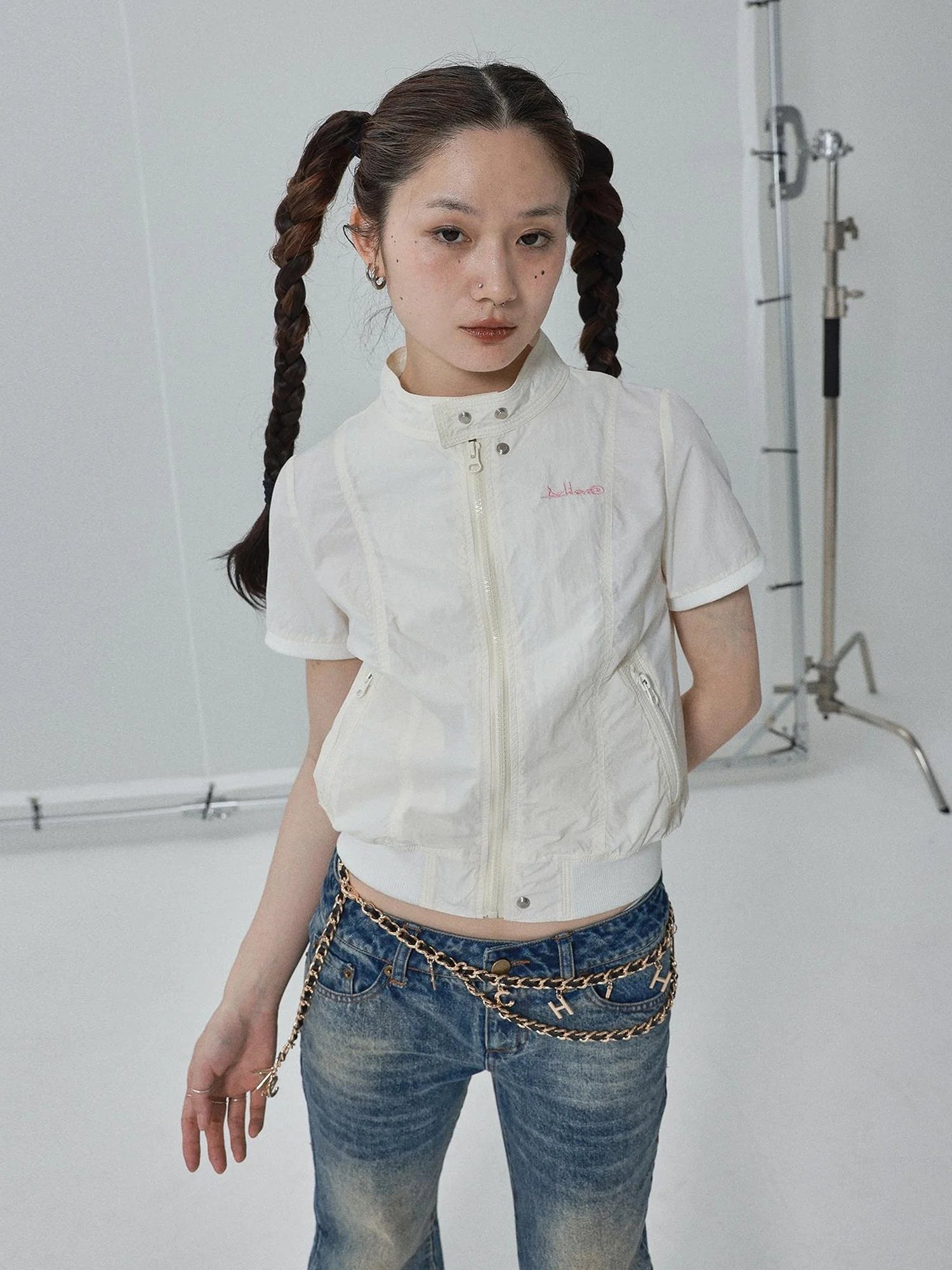 Summer Stand Collar Shirt Jacket In Black & White
