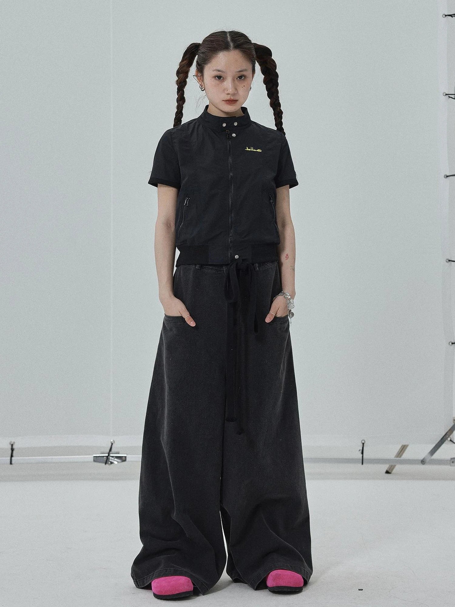 Summer Stand Collar Shirt Jacket In Black & White