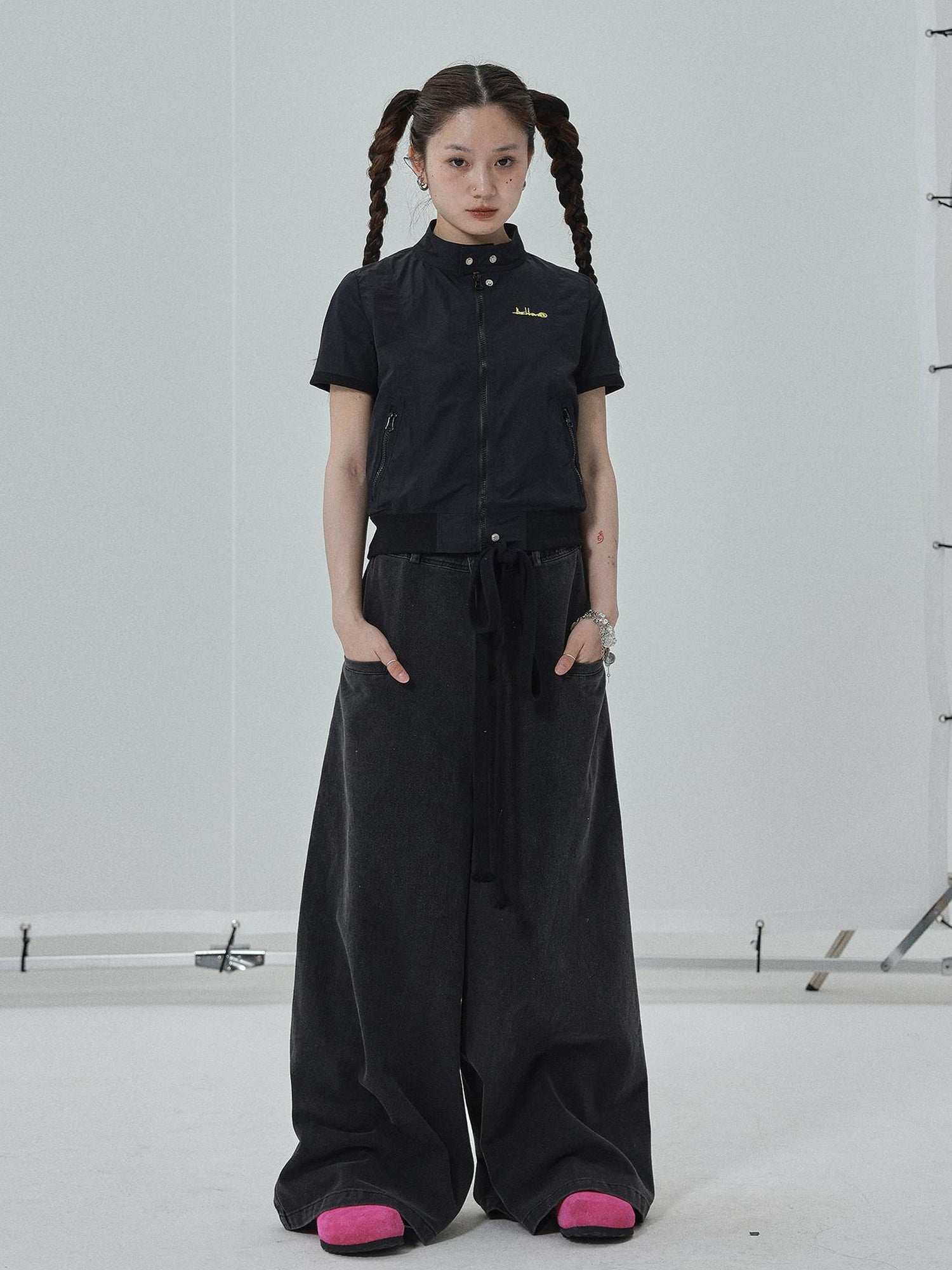 Achihara Summer Stand Collar Shirt Jacket In Black & White