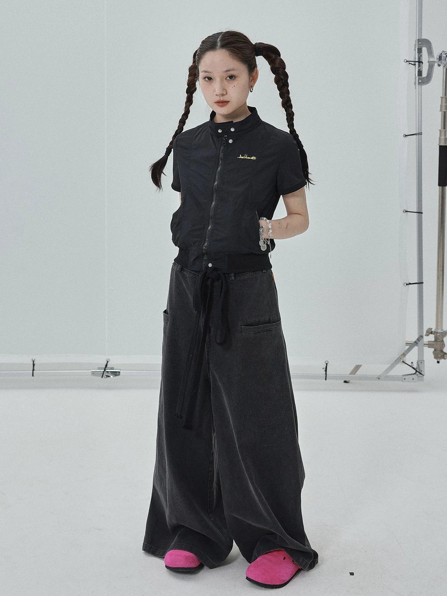 Summer Stand Collar Shirt Jacket In Black & White