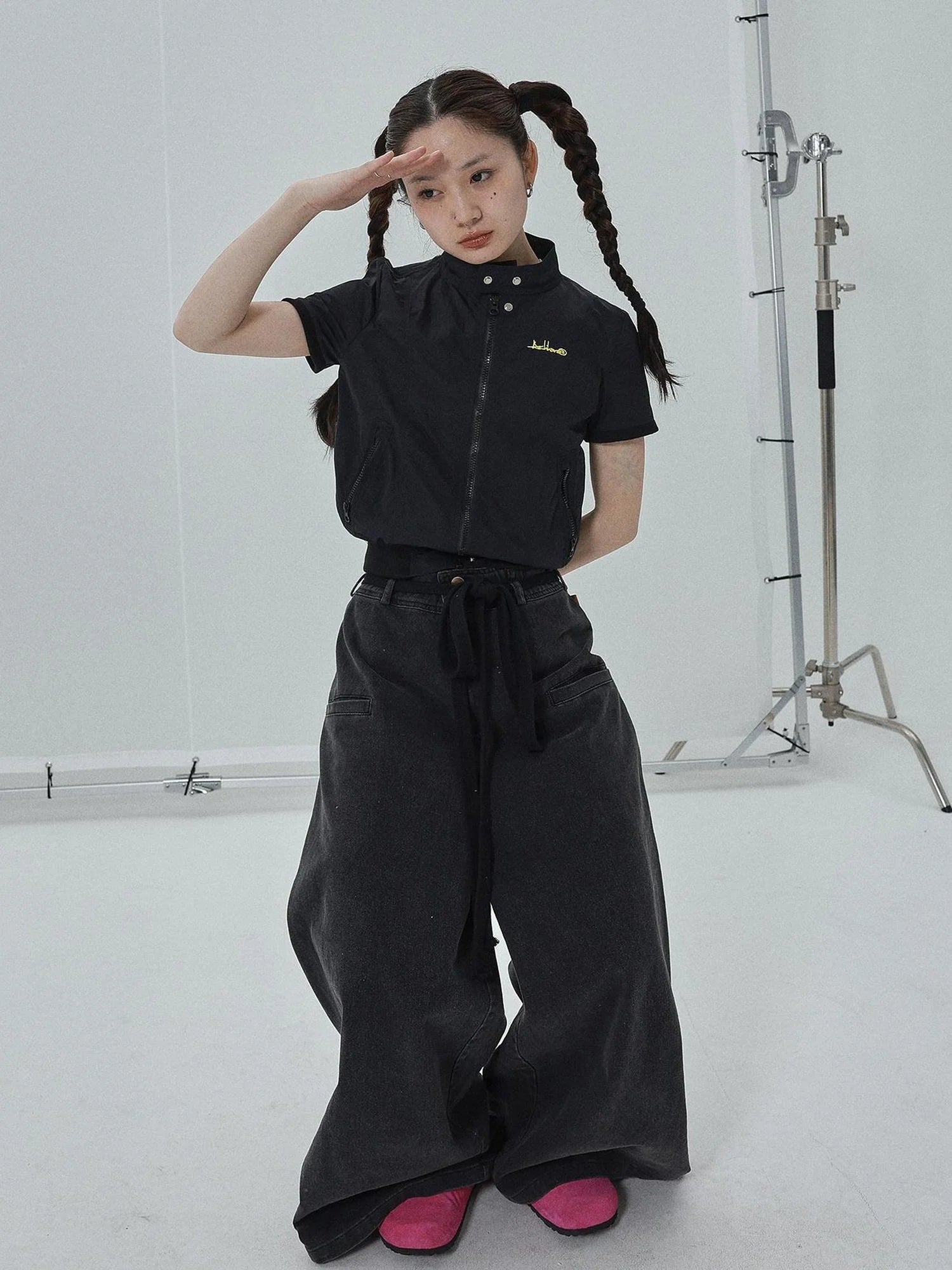 Summer Stand Collar Shirt Jacket In Black & White