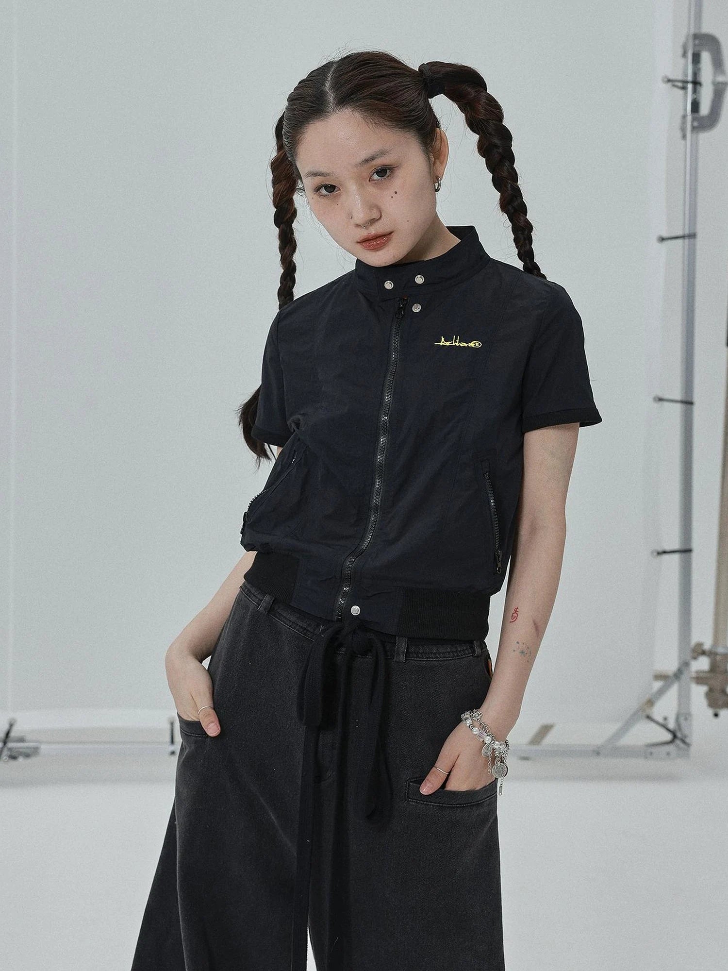 Summer Stand Collar Shirt Jacket In Black & White
