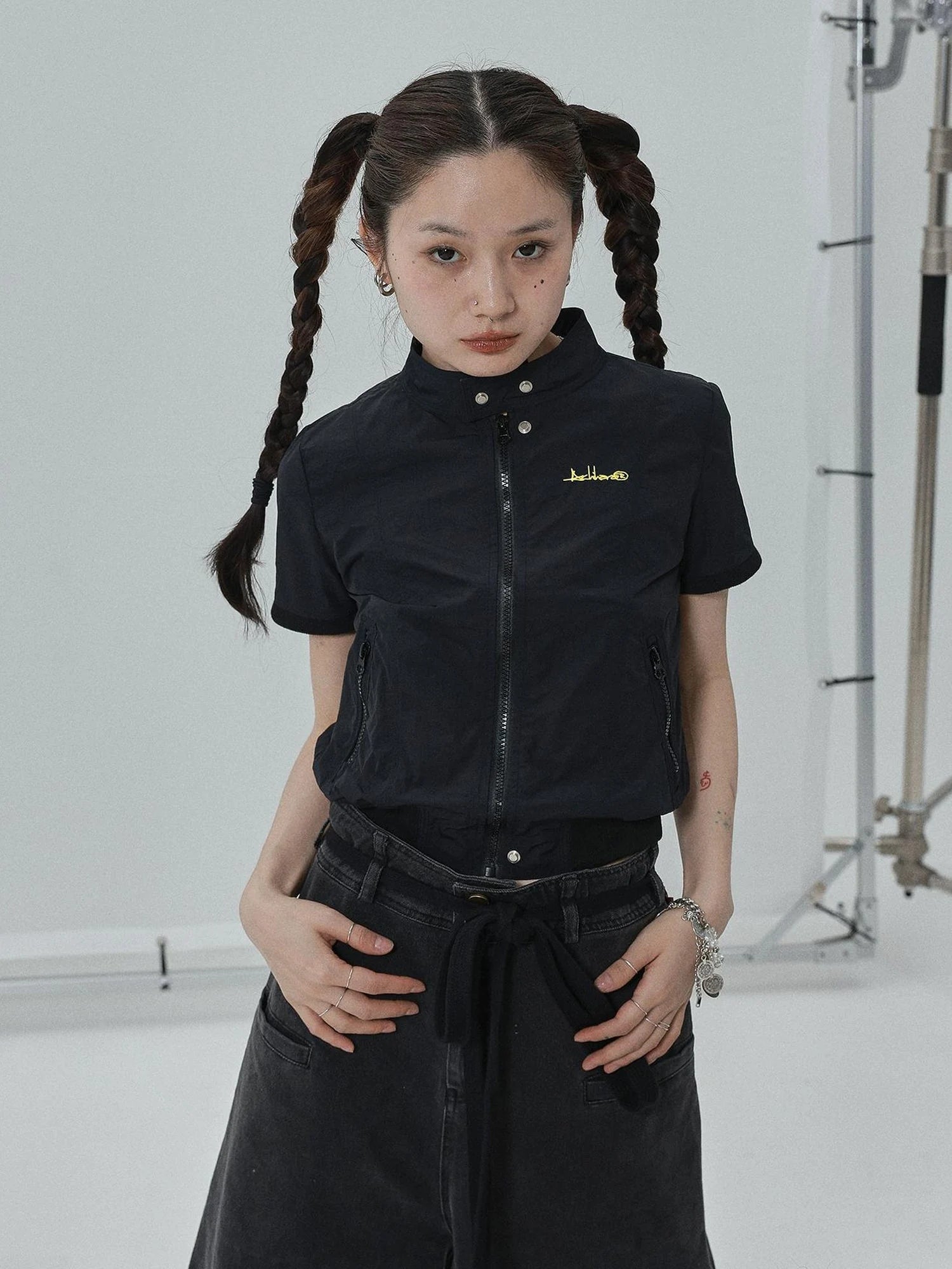 Summer Stand Collar Shirt Jacket In Black & White