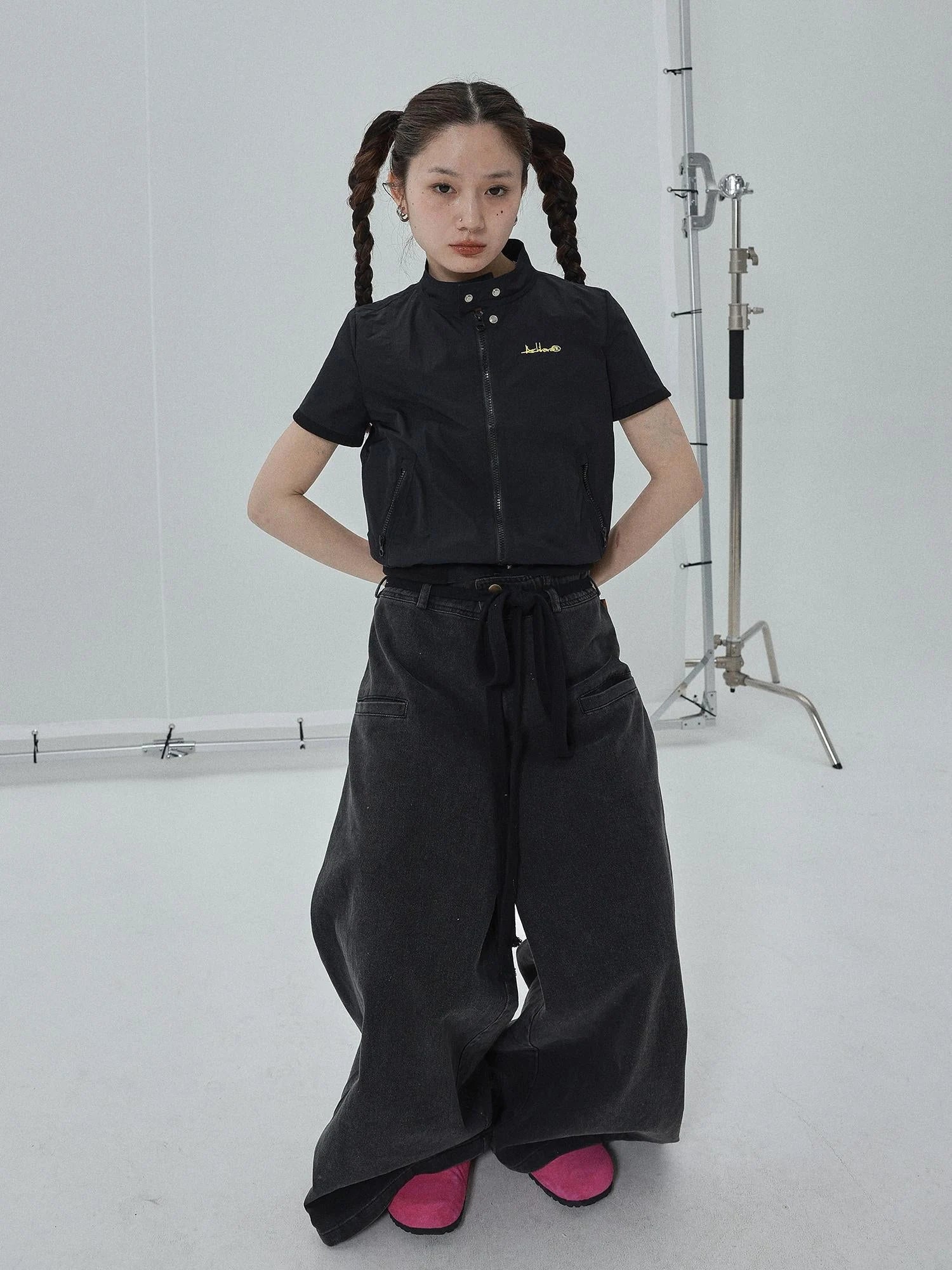 Summer Stand Collar Shirt Jacket In Black & White