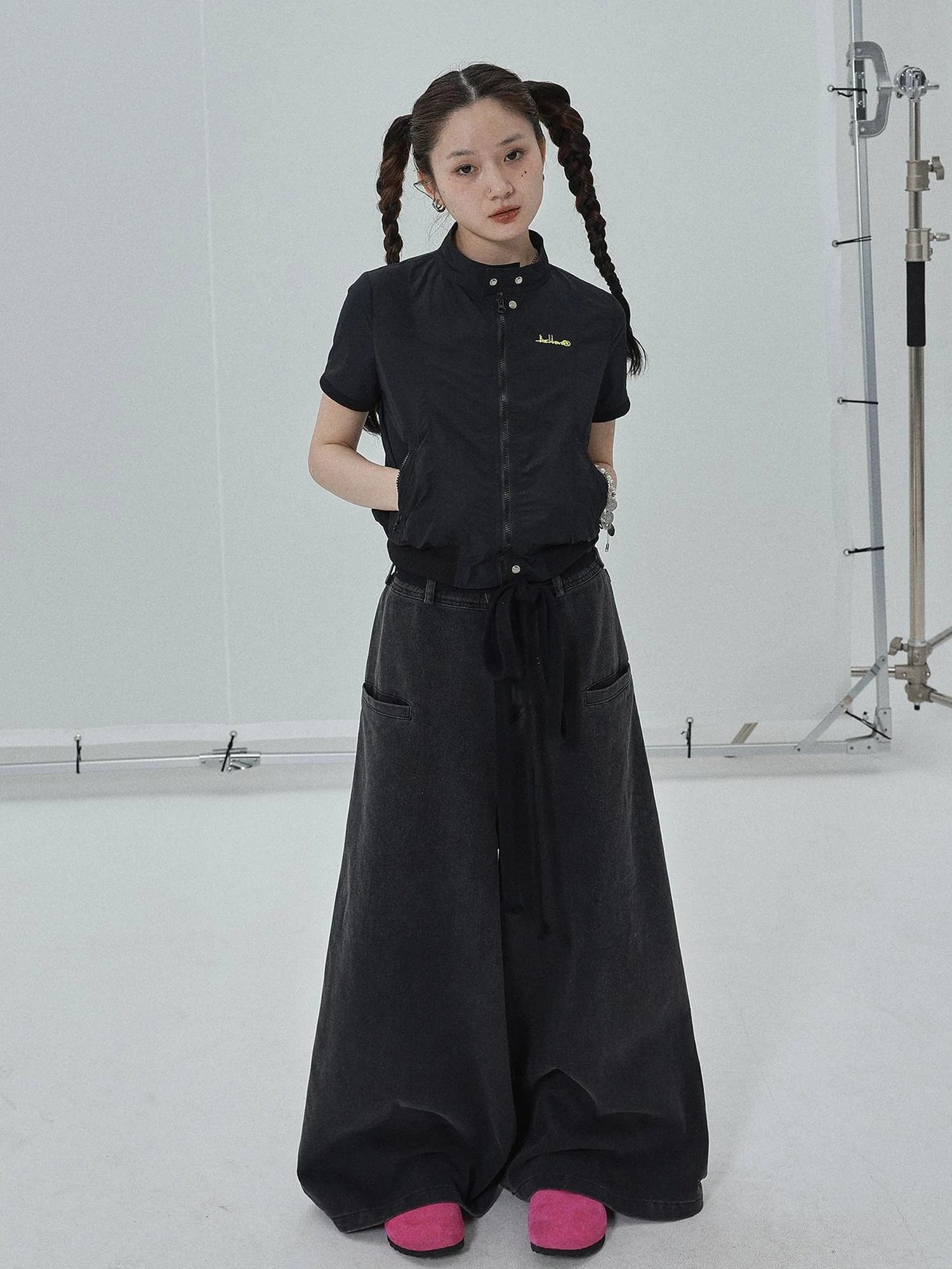 Summer Stand Collar Shirt Jacket In Black & White