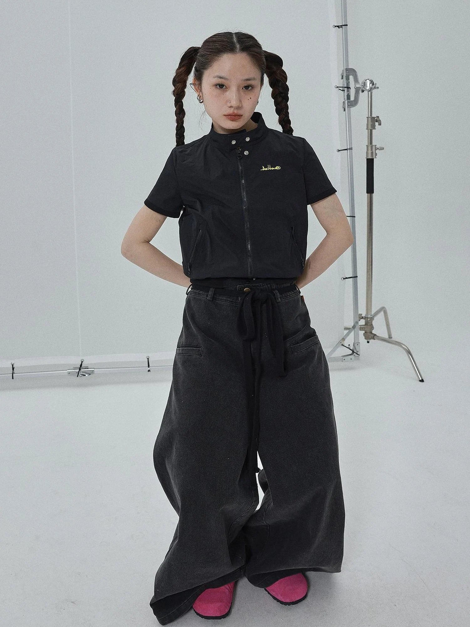 Summer Stand Collar Shirt Jacket In Black & White