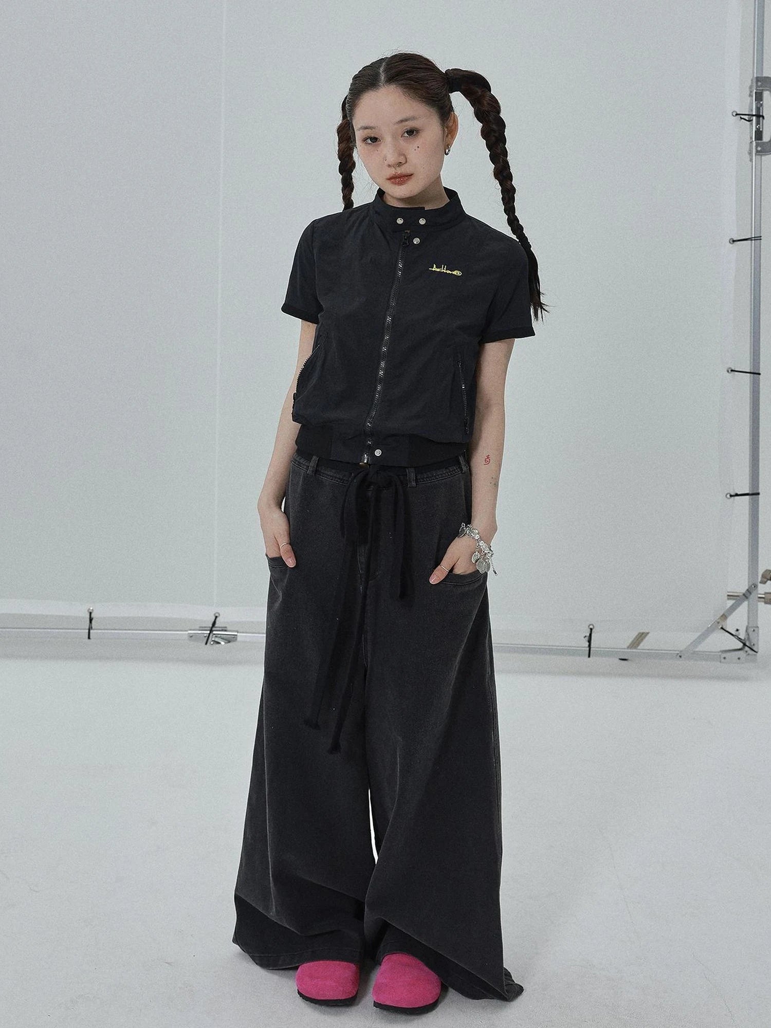 Summer Stand Collar Shirt Jacket In Black & White