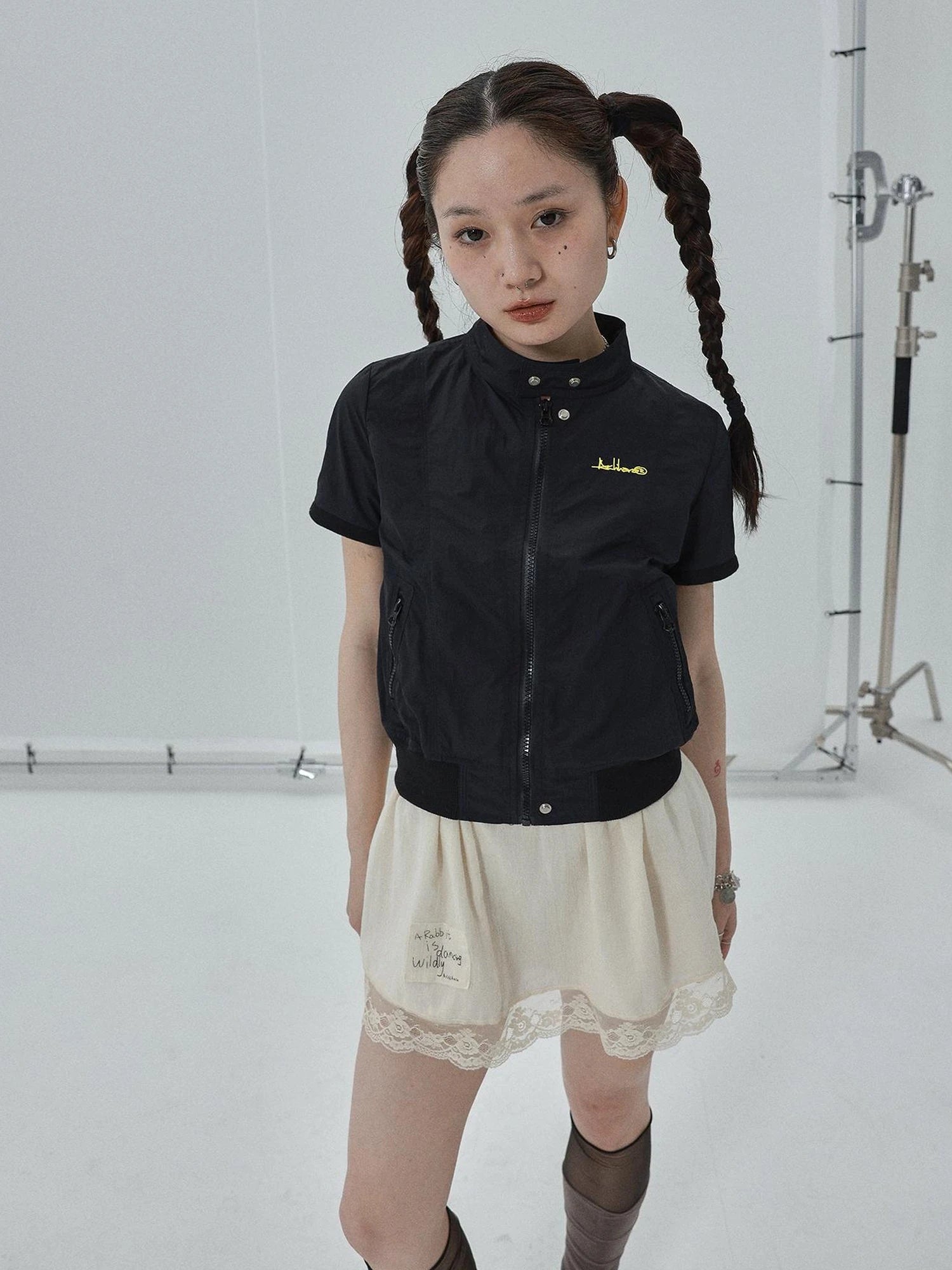 Summer Stand Collar Shirt Jacket In Black & White