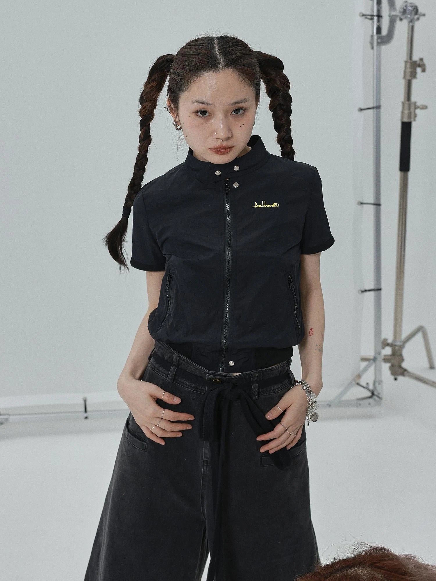Summer Stand Collar Shirt Jacket In Black & White