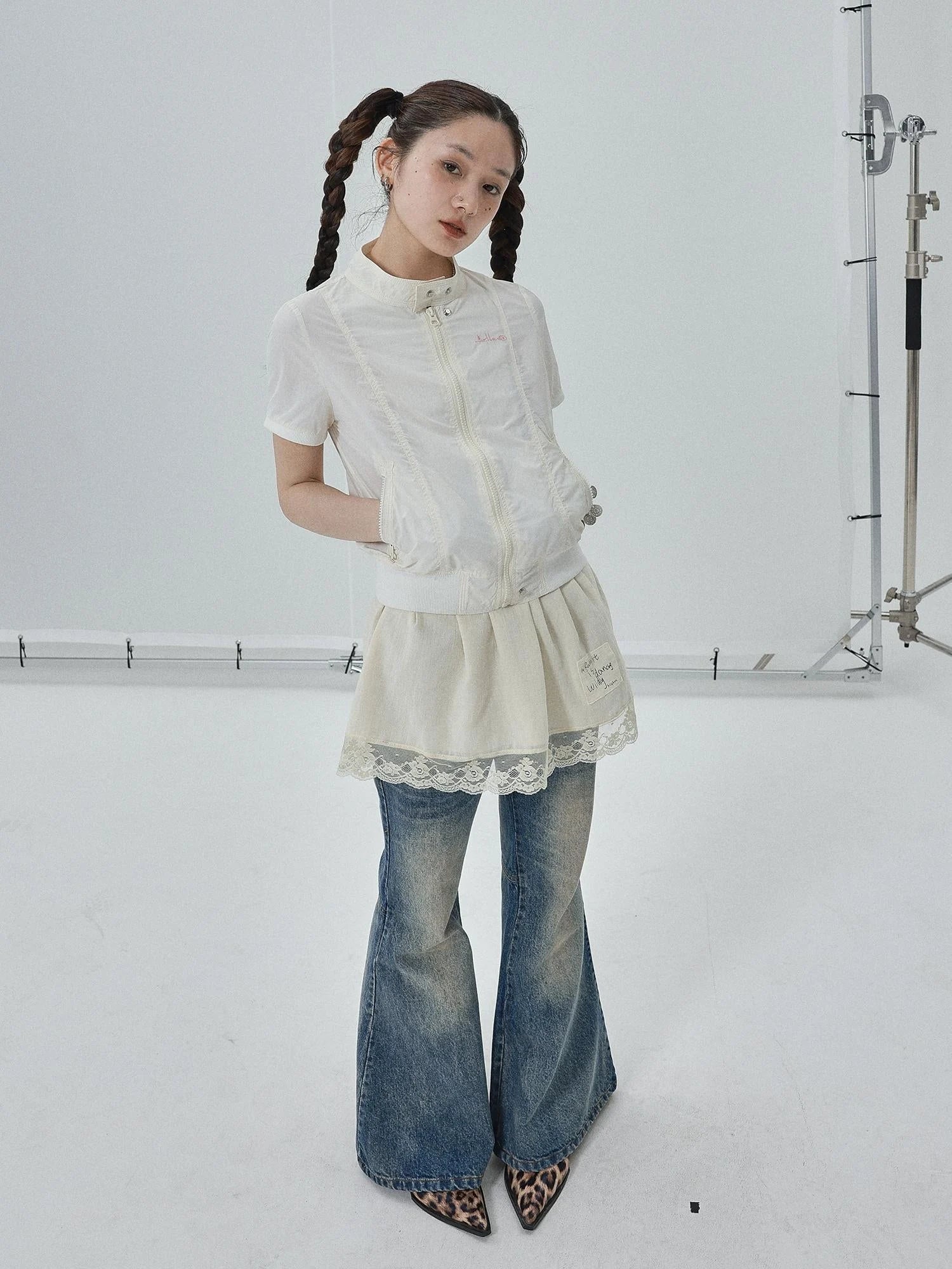 Summer Stand Collar Shirt Jacket In Black & White