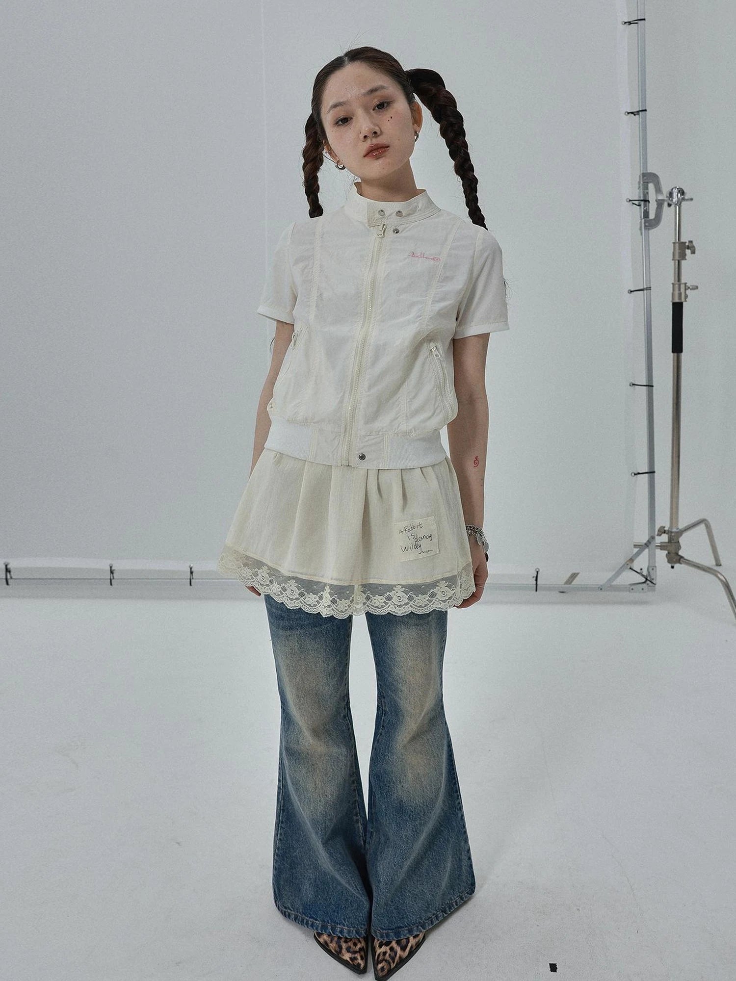 Summer Stand Collar Shirt Jacket In Black & White