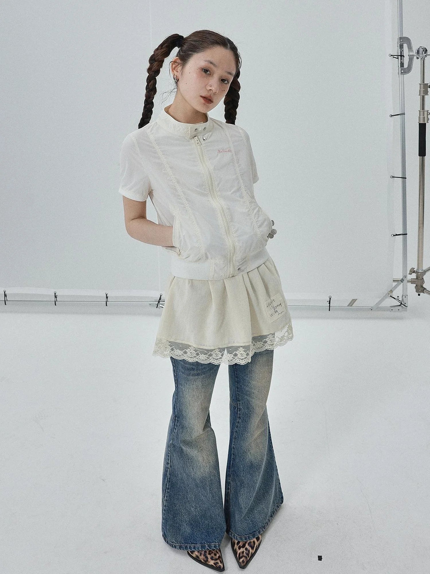 Summer Stand Collar Shirt Jacket In Black & White