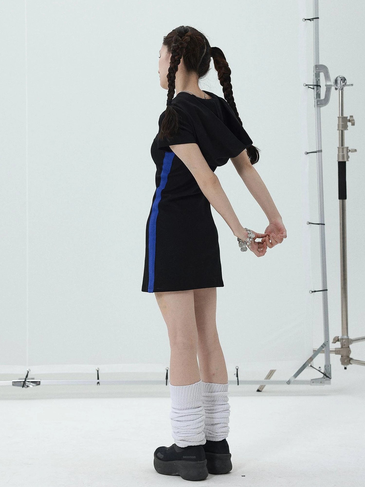T-shirt Dress with Hood V-neck Slim Fit Black