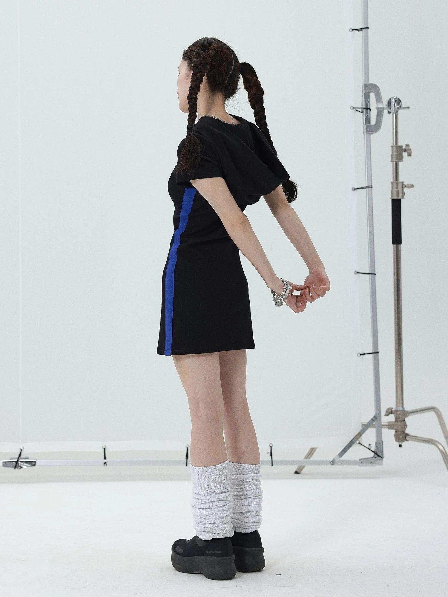 T-shirt Dress with Hood V-neck Slim Fit Black
