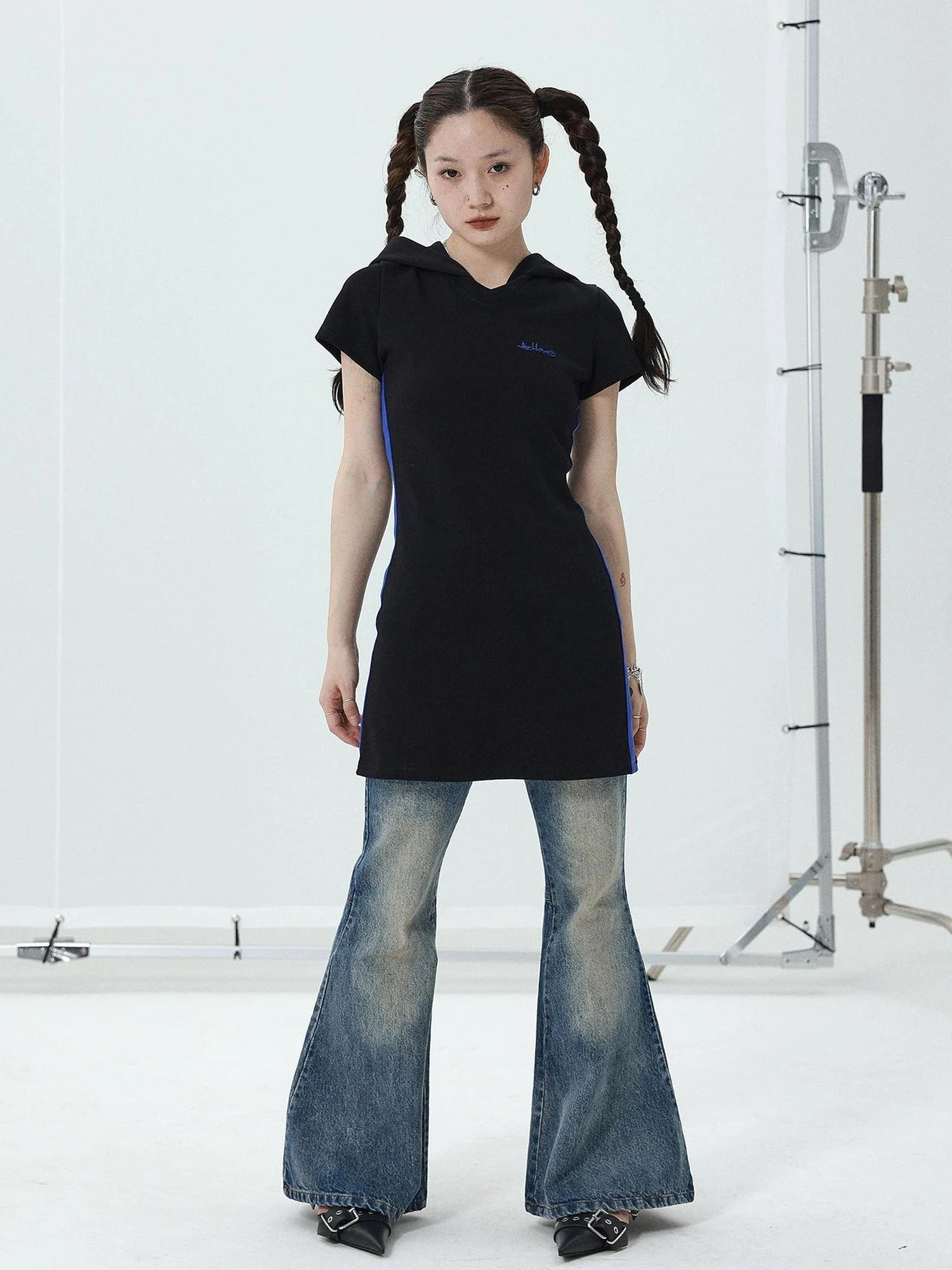 T-shirt Dress with Hood V-neck Slim Fit Black