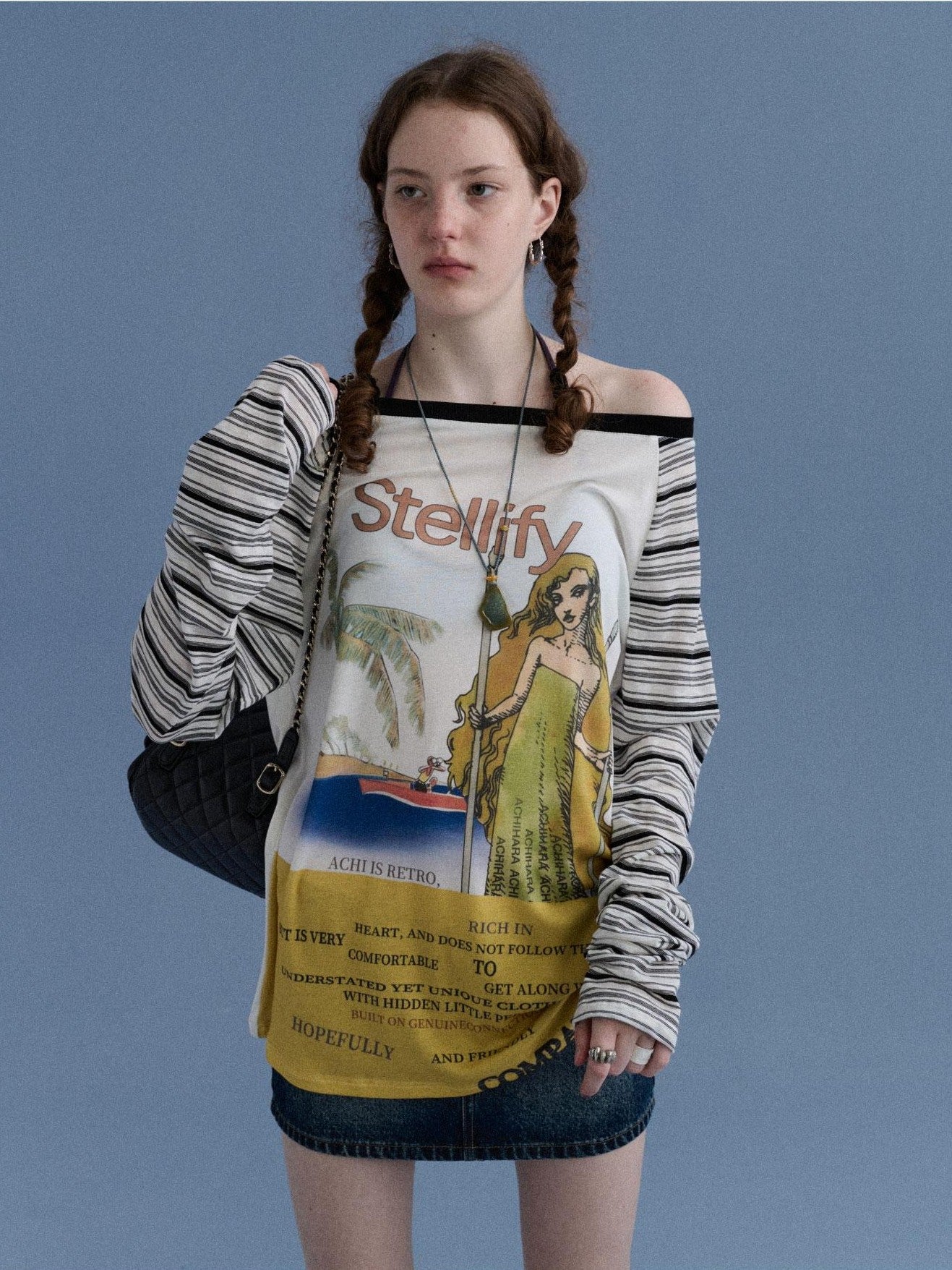 Achihara Tarot Print One Shoulder Striped Splice Women&
