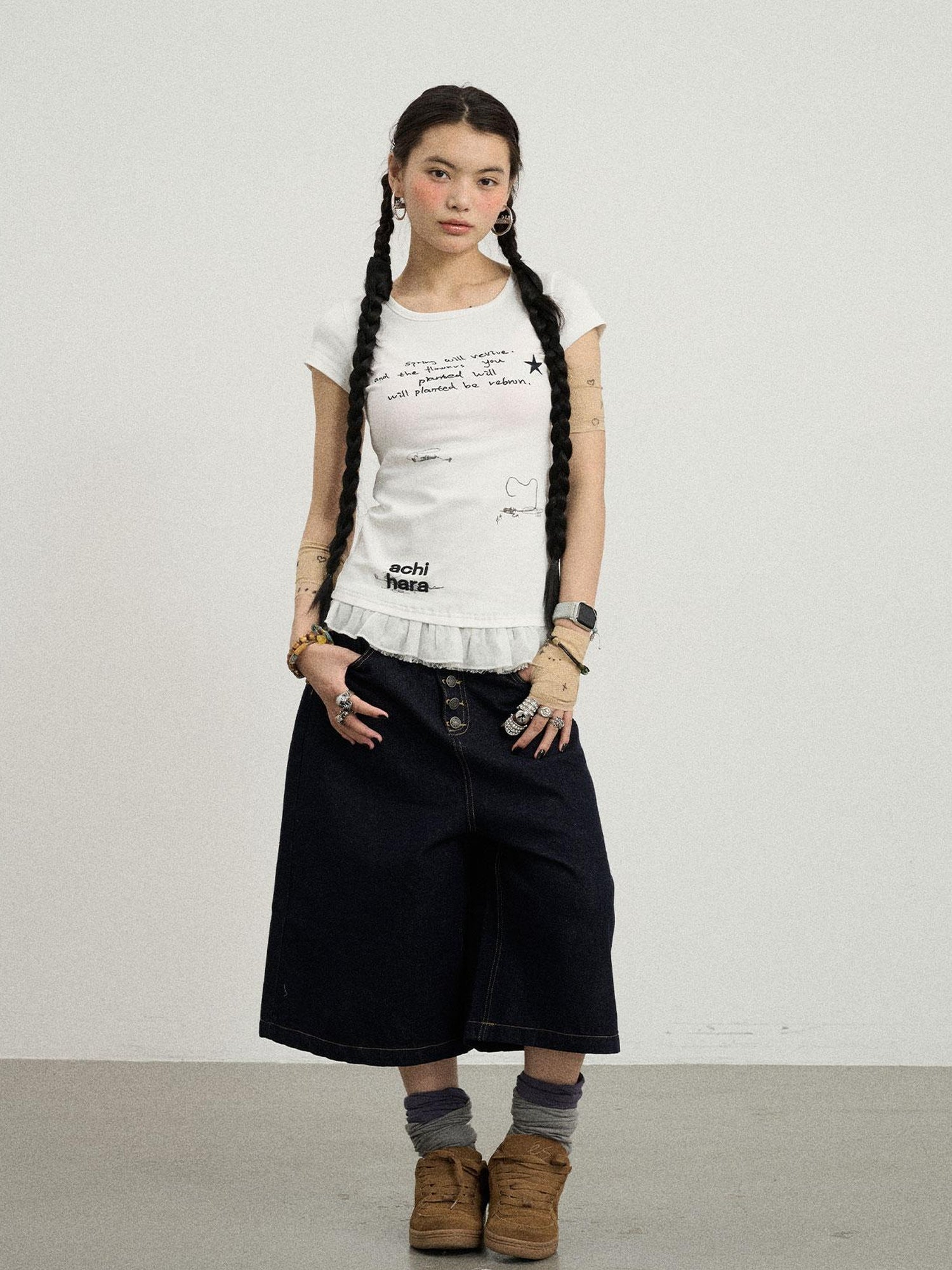 Achihara Time Bandage Floral Trim Tee