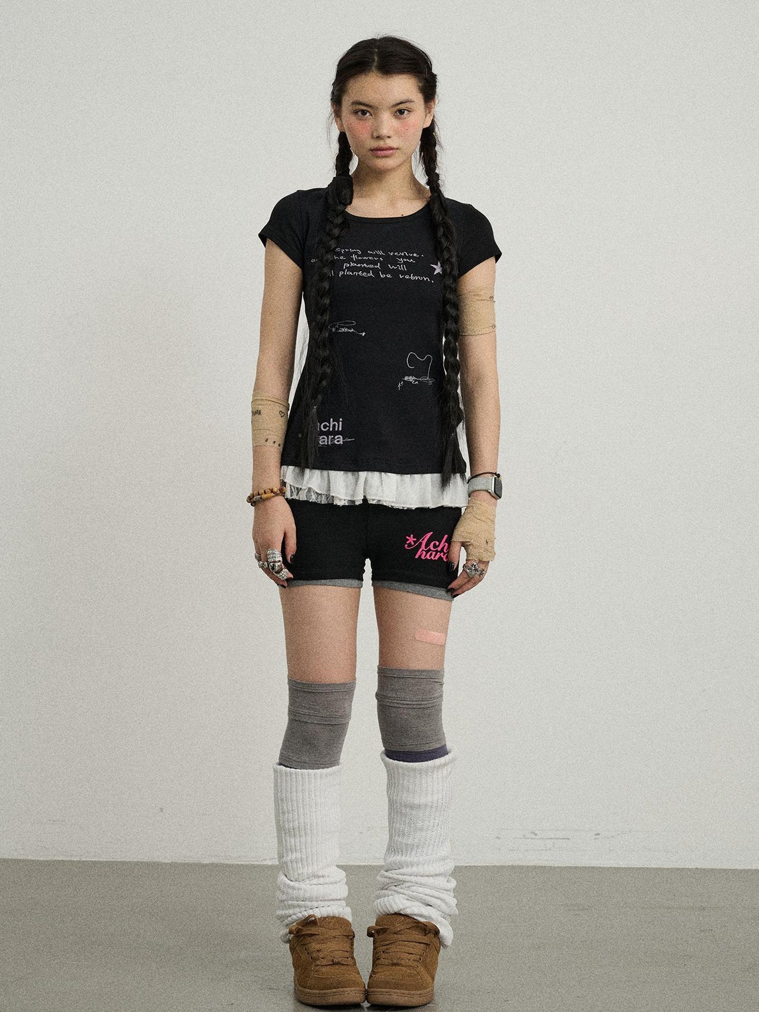 Achihara Time Bandage Floral Trim Tee