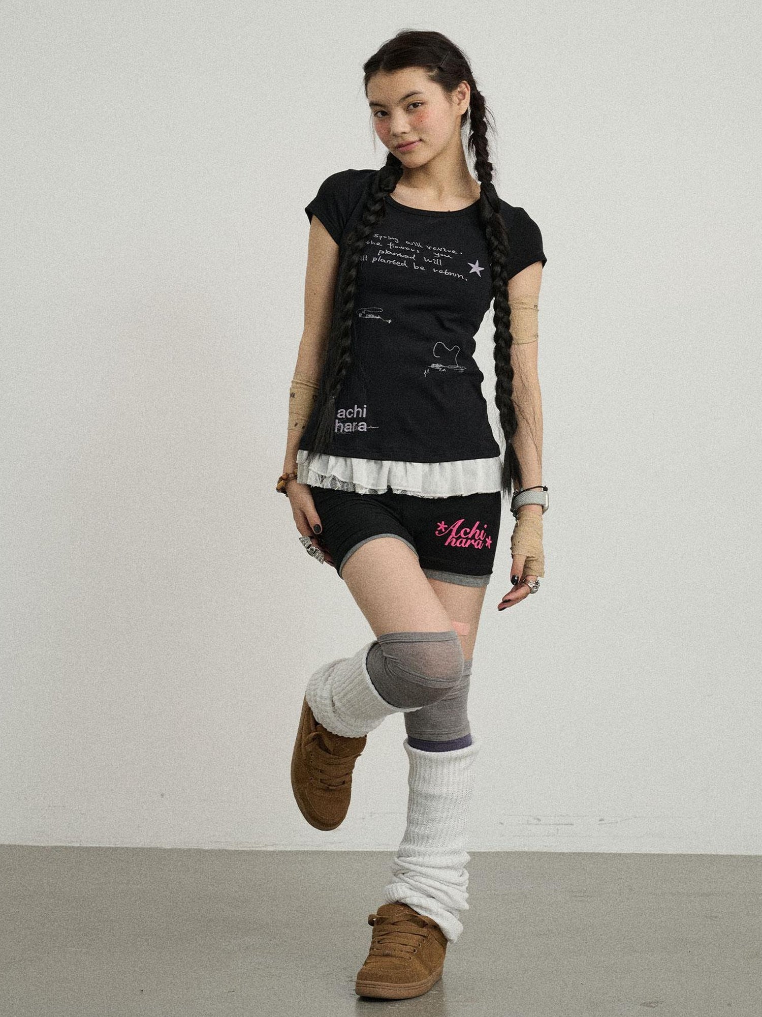Achihara Time Bandage Floral Trim Tee