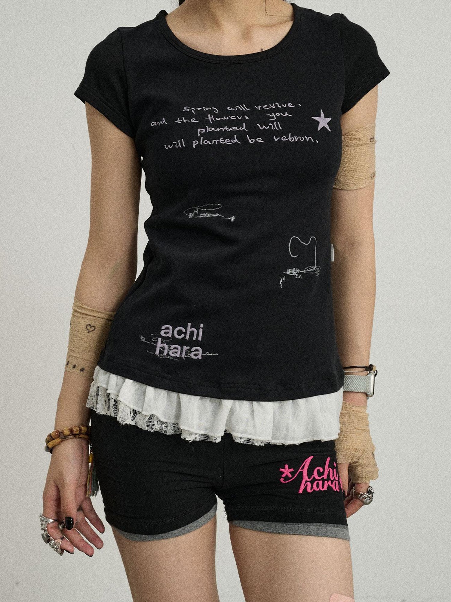 Achihara Time Bandage Floral Trim Tee