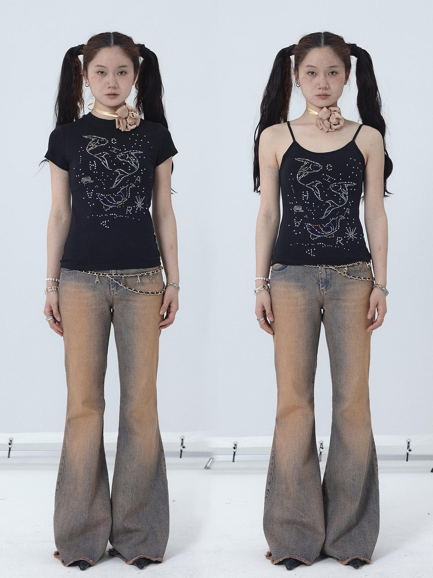 Achihara Tropical Fish Rhinestone Summer Tee & Tank Top Set