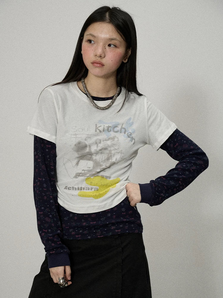 Achihara Two Piece Knit Set With Floral Print V-neck T-shirt Long Sleeve-5