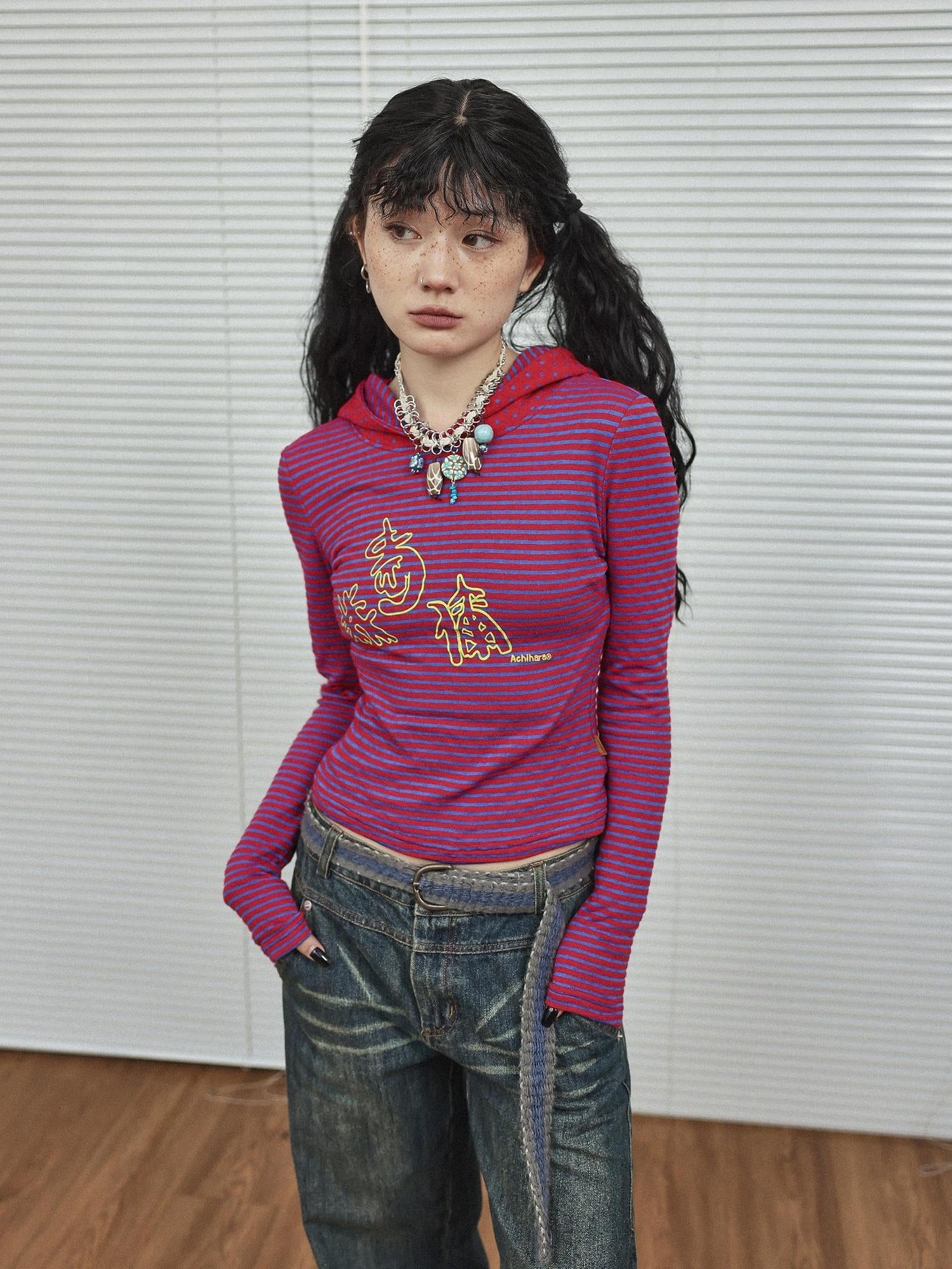 Achihara Universe Stripe Hoodie Soft Vintage Print Tee